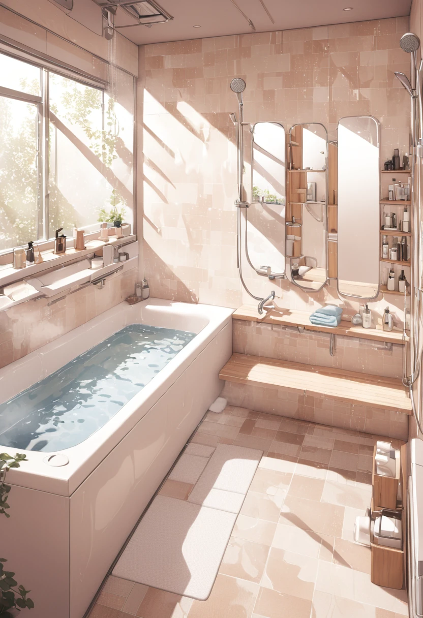 masterpiece, best quality, ultra-detailed, illustration,
JMF, scenery, mirror, bathroom, faucet, indoors, bathtub, soap bottle, reflection, towel, tiles, shower (place), window, tile wall, shower head, bottle, lamp, water,
<lora:JMF_SDXL_V1:0.8>