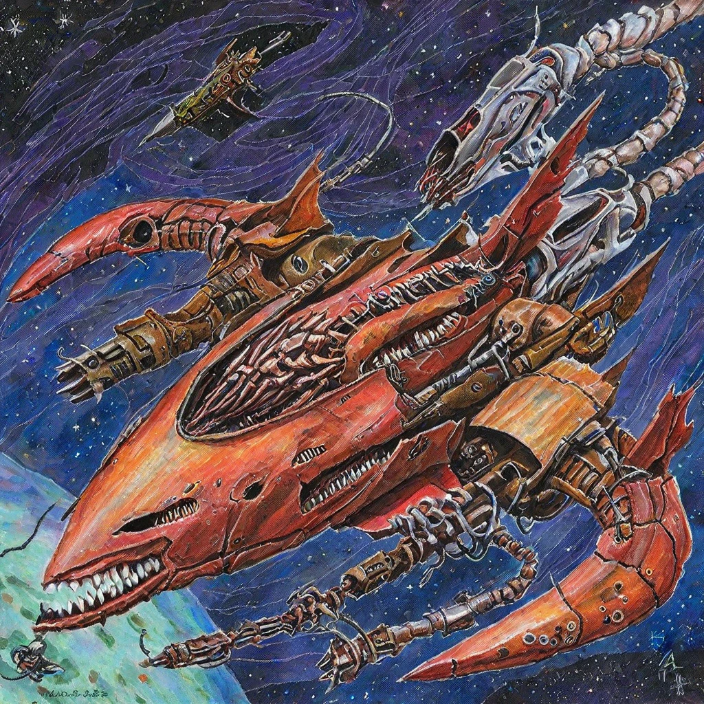 oil painting of a fish shaped spaceship with a large metal jaw,teeth,gun turrets,side view,phyrexian,cables,twisted, in outer space,colored pencil art, <lora:PhyrexianStyleXL:0.8>, on paper