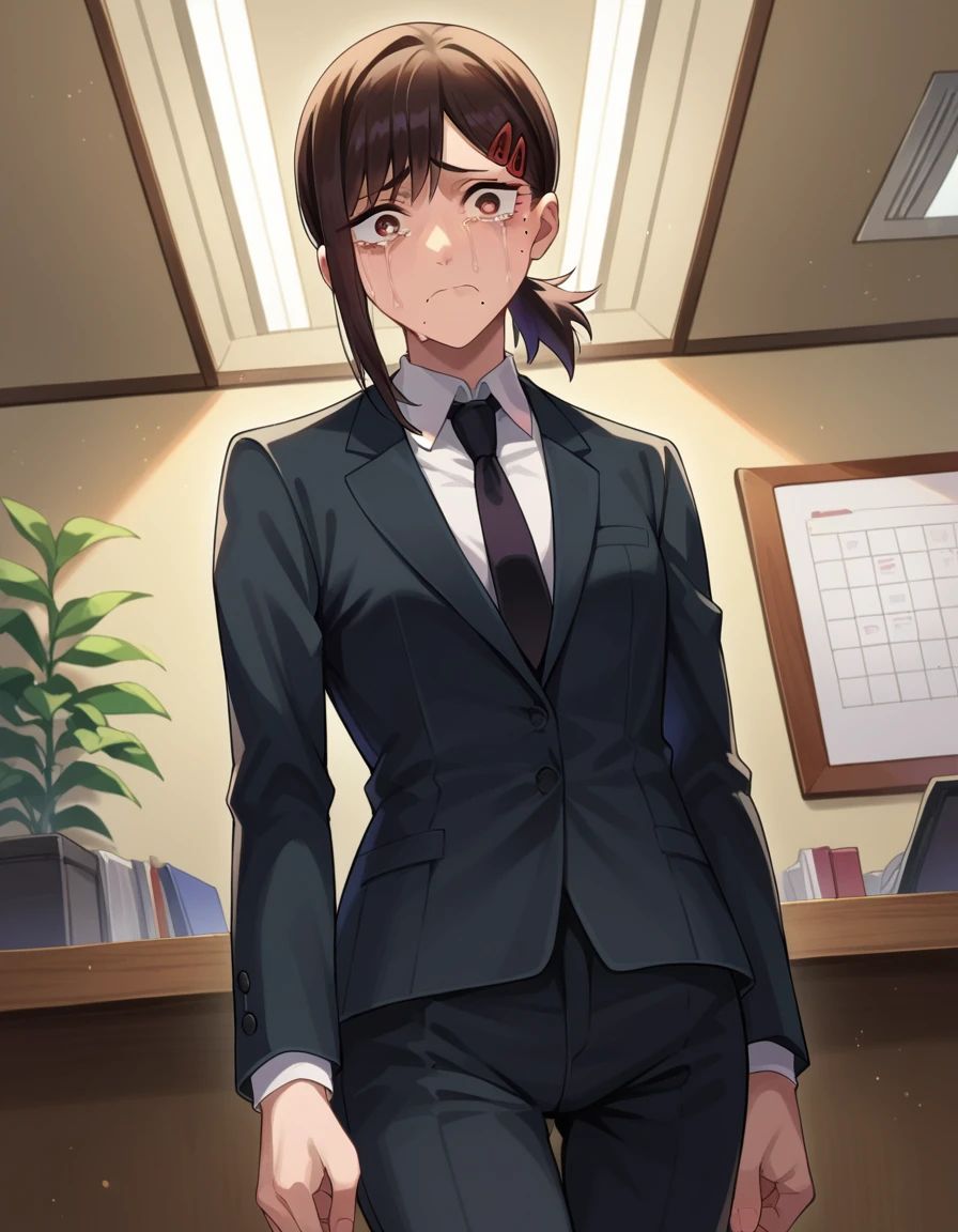 score_9, score_8_up, score_7_up, source_anime,
kobeni-higashiyama, <lora:kobeni-higashiyama-ponyxl-lora-nochekaiser:1>,
kobeni higashiyama, black hair, hair ornament, hairclip, mole, mole under eye, ponytail, short hair, brown eyes, crying, frown,
black necktie, black pants, business suit, formal, long sleeves, necktie, pants, suit,
indoors, office,
looking at viewer, cowboy shot, dutch angle,