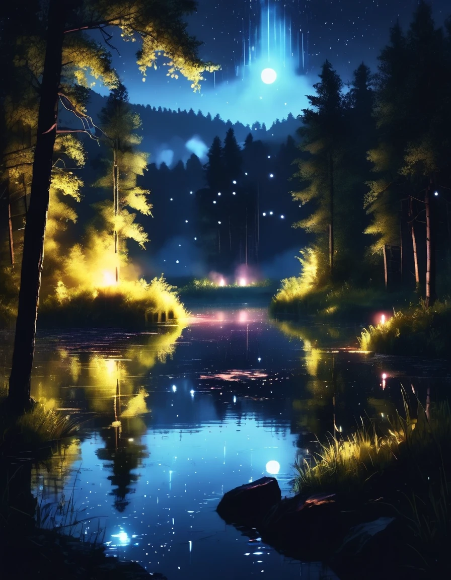 (masterpiece, best quality, photorealistic, beautiful and aesthetic:1.3), <lora:FantasyForest:1>, FanFo, a small lake in a forest, luminescent, night, glowing, light of particles, no people <lora:ral-firworx:1> ral-fireworx