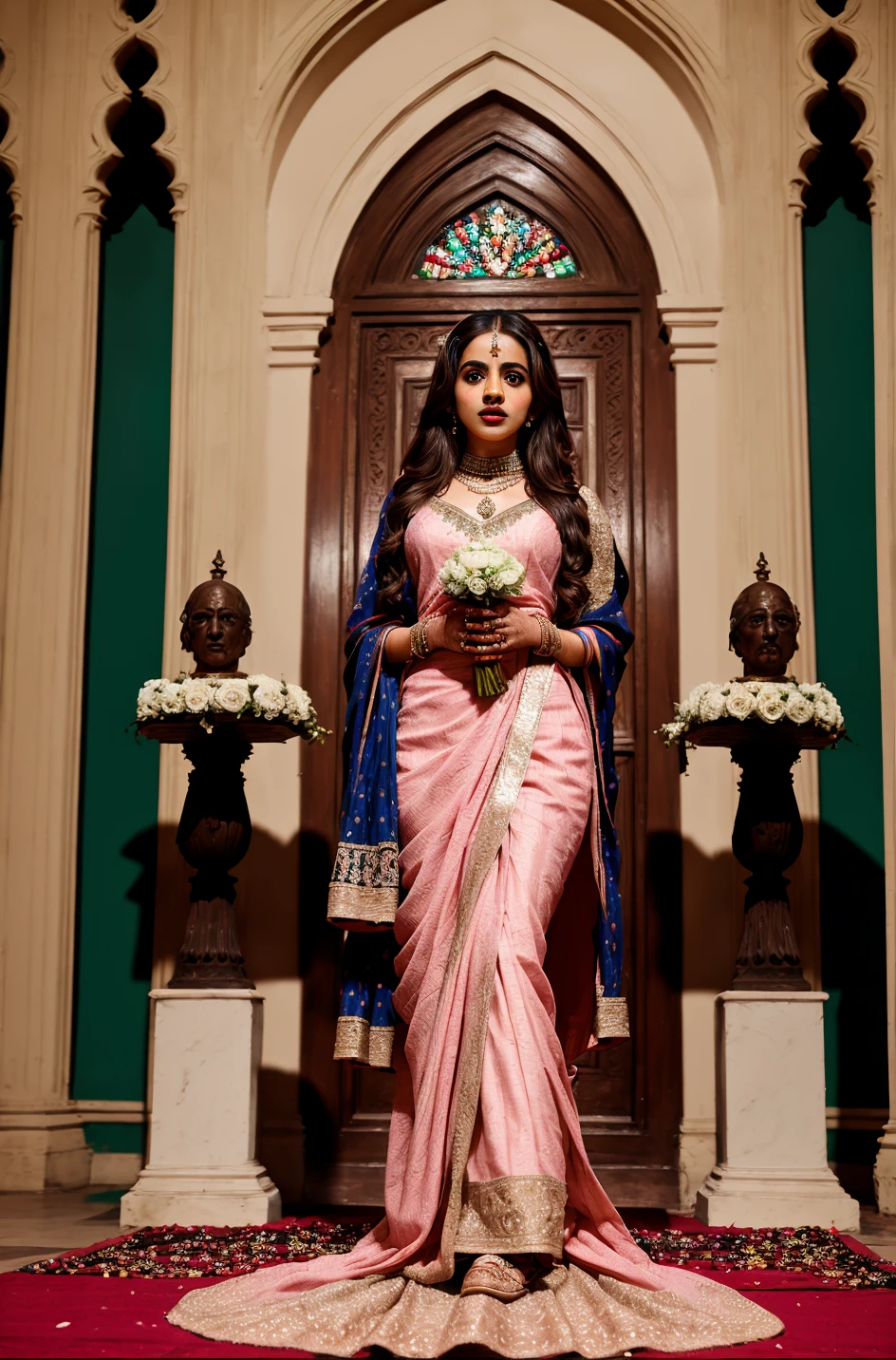 tv_Mandip_Gill_A, , clever expression, wearing an ornate wedding dress, elegant makeup, pink lips, standing by the altar, ornately detailed glass mosaic in the background, ((full body shot)),, (((epic-Ultra-HD-details, epic-Ultra-HD-highlights, upscaled-resolution, optimal)))