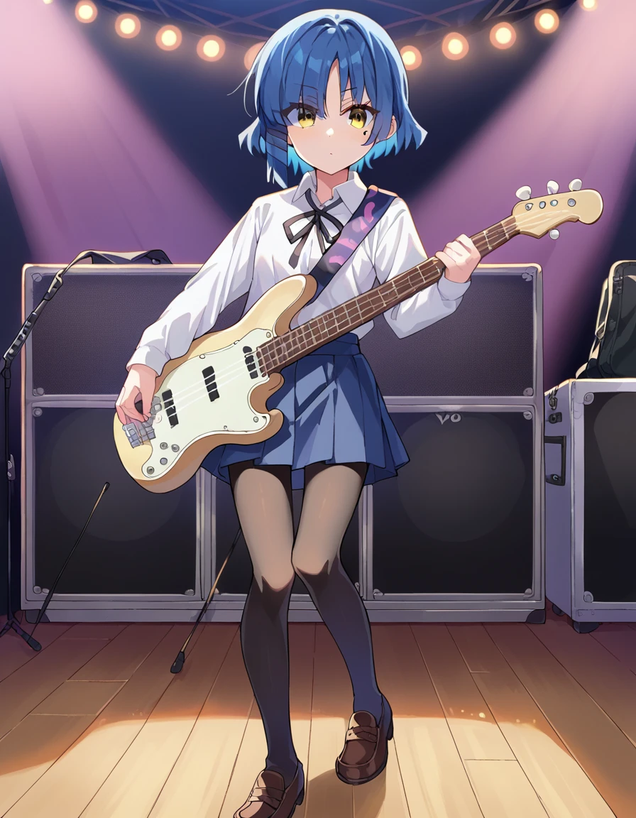 score_9, score_8_up, score_7_up, source_anime, 
ryouyamada, <lora:ryou-yamada-ponyxl-lora-nochekaiser:1>, 
ryou yamada, blue hair, eyes visible through hair, mole, mole under eye, short hair, yellow eyes, hairclips,
black pantyhose, black ribbon, blue skirt, brown footwear, loafers, long sleeves, pantyhose, ribbon, school uniform, shimokitazawa high school uniform, shirt, shoes, skirt, white shirt,
outdoors, guitar, bass, guitar case, concert, stage, stage lights, colored lights, audience, music, band,
looking at viewer, cowboy shot, dynamic pose,
