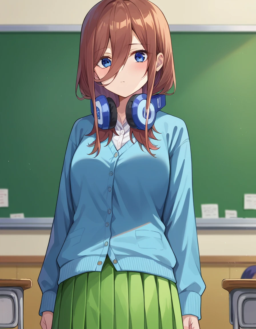 score_9, score_8_up, score_7_up, source_anime,
mikunakano, <lora:miku-nakano-pruned-ponyxl-lora-nochekaiser:1>,
miku nakano, long hair, bangs, blue eyes, brown hair, shirt, hair between eyes, headphones, cardigan, headphones around neck,
skirt, shirt, long sleeves, white shirt, pantyhose, pleated skirt, black pantyhose, cardigan, green skirt, blue cardigan,
indoors, classroom,
looking at viewer, cowboy shot, dutch angle,