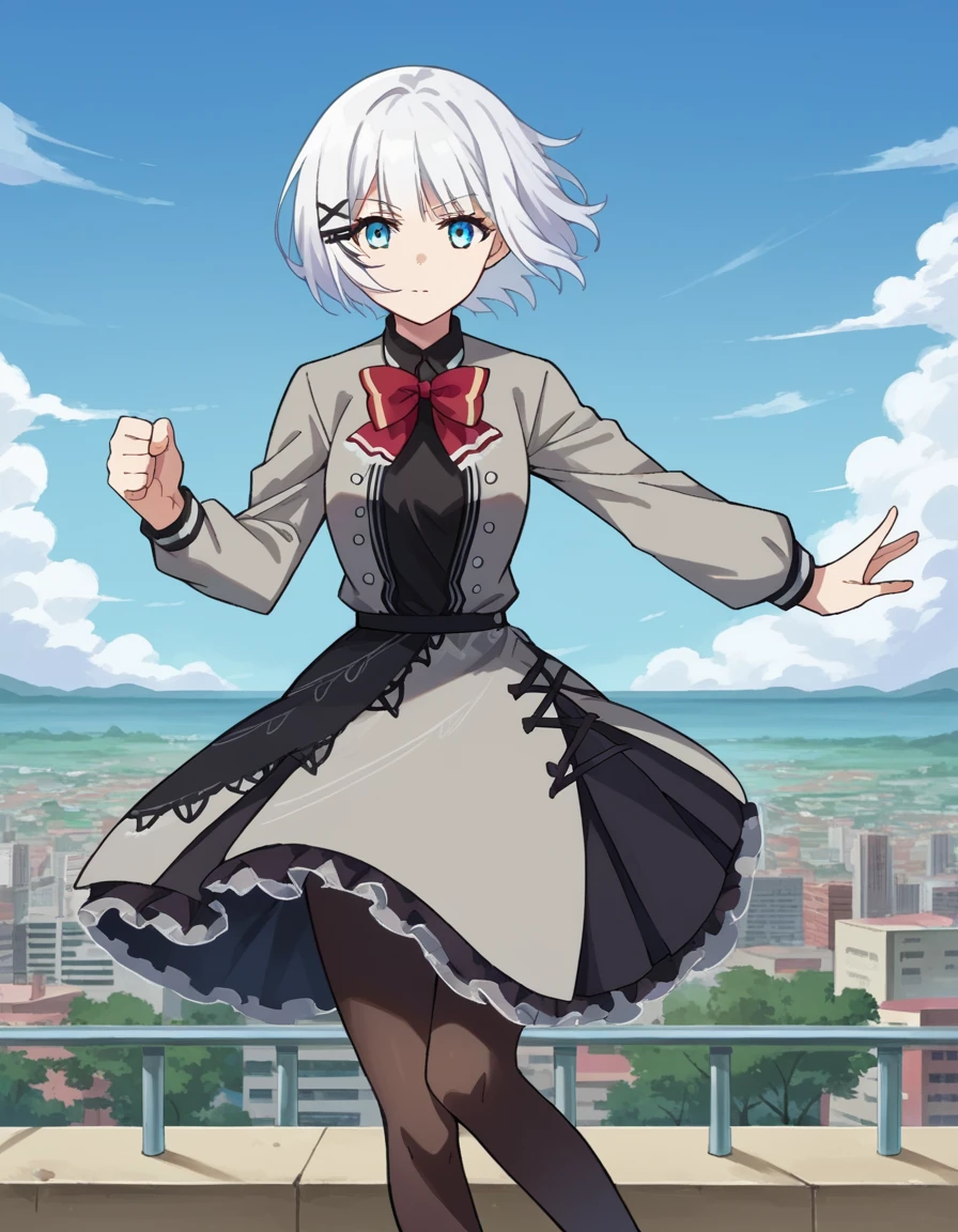 score_9, score_8_up, score_7_up, source_anime,
siesta, <lora:siesta-ponyxl-lora-nochekaiser:1>,
siesta, short hair, bangs, blue eyes, hair ornament, white hair, hairclip,
dress, bow, bowtie, red bow, red bowtie, shirt, long sleeves, jacket, pantyhose, frills, shoes, grey jacket, open clothes, black shirt,
outdoors, cityscape,
looking at viewer, cowboy shot, dynamic pose,