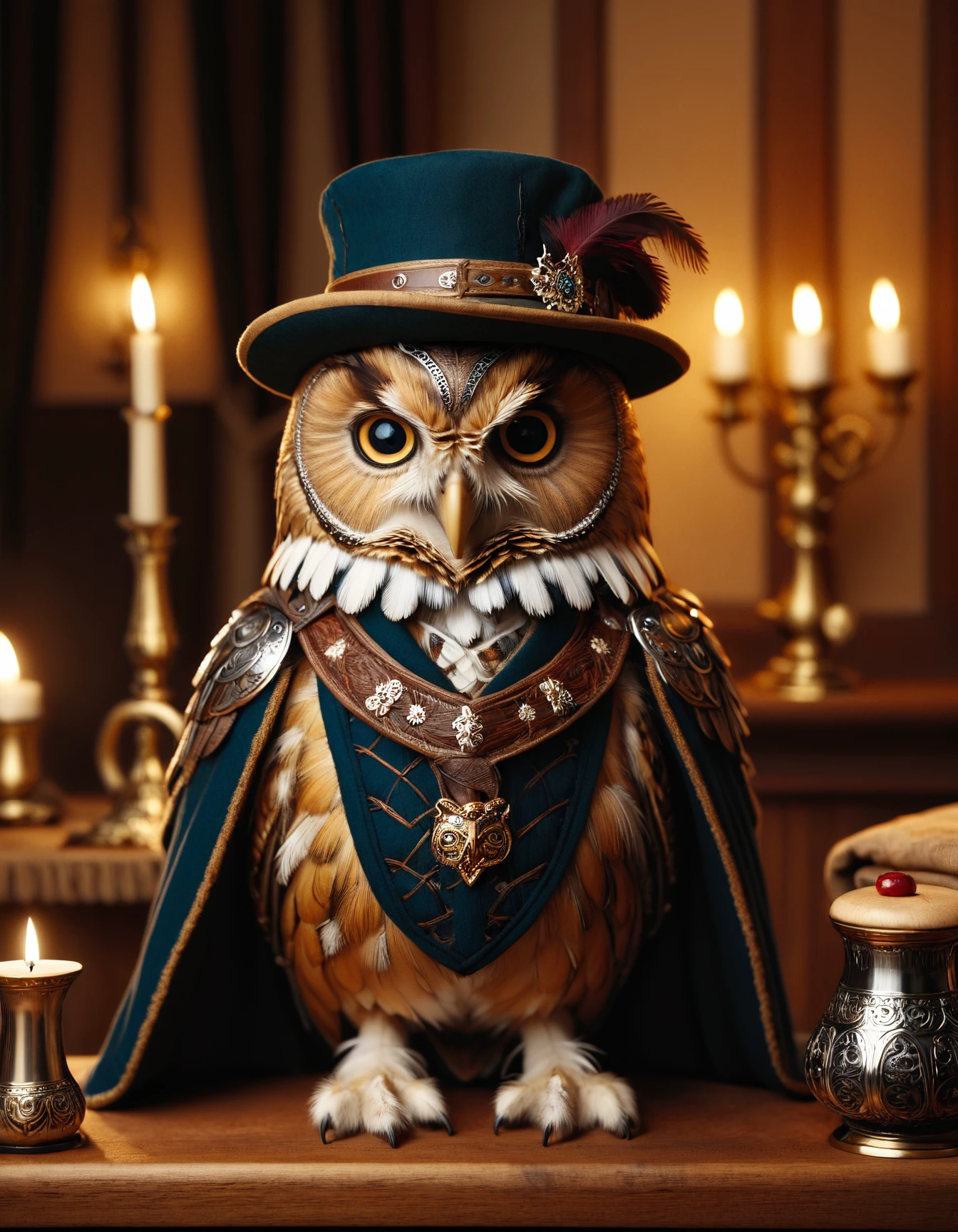 glamour shot of an owl in clothes in bavarian tavern, zavy-lndskncht, masterpiece, award-winning, professional, highly detailed, atmospheric lighting, low key lighting, 100mm f/2.8 macro lens, fabric