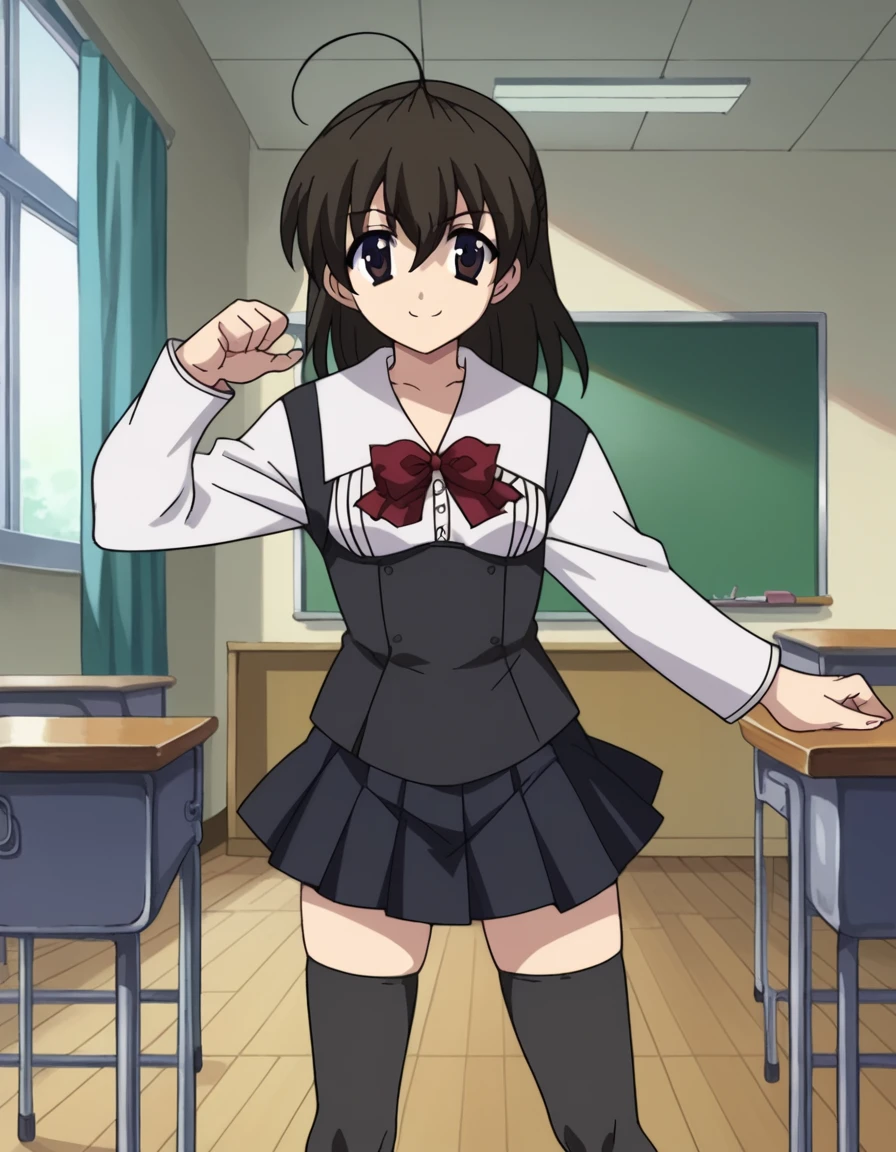 score_9, score_8_up, score_7_up, source_anime,
sekaisaionji, <lora:sekai-saionji-ponyxl-lora-nochekaiser:1>,
sekai saionji, black hair, brown eyes, ahoge, smile,
skirt, thighhighs, school uniform, shoes, black thighhighs, zettai ryouiki,
indoors, classroom,
looking at viewer, cowboy shot, dynamic pose,