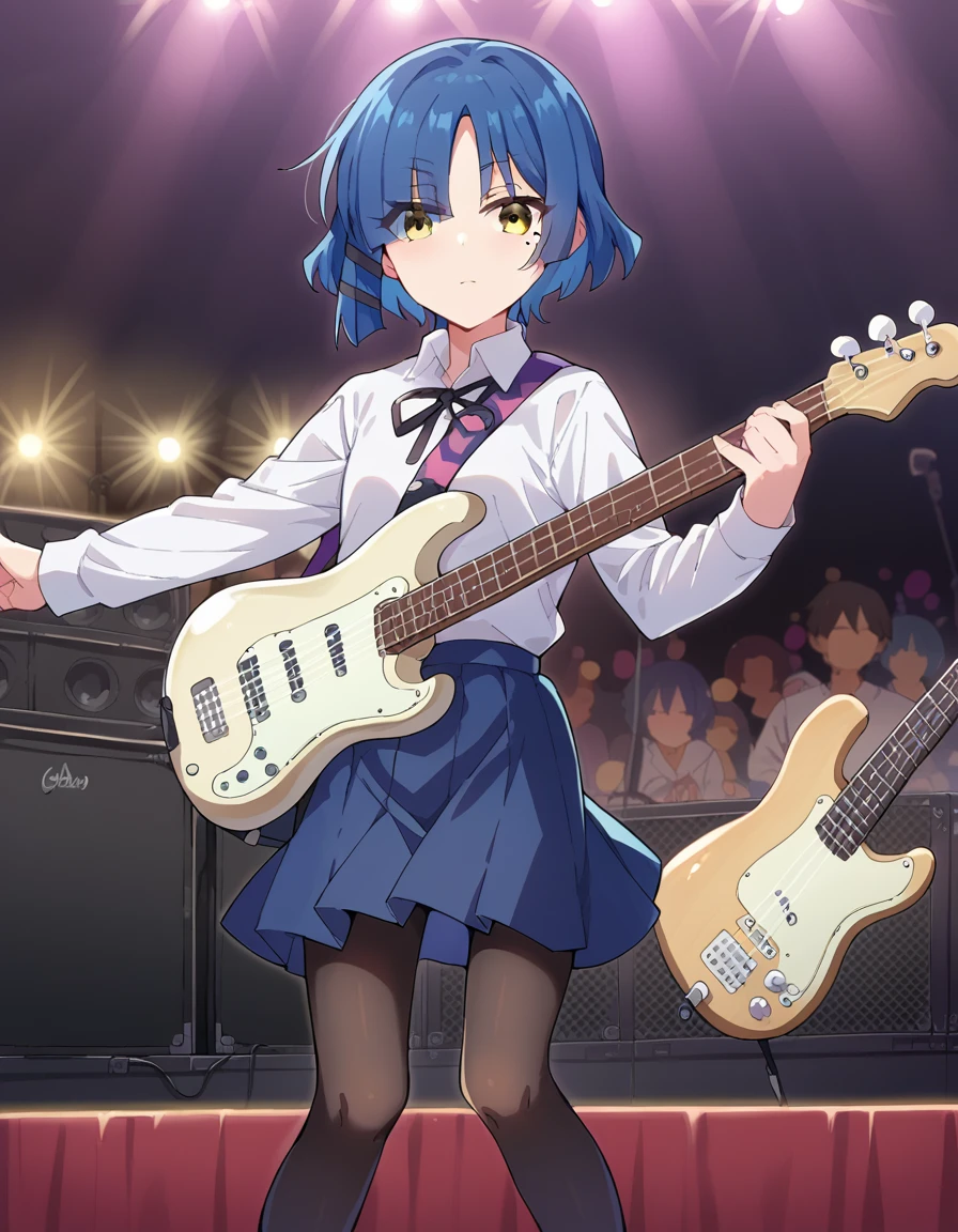 score_9, score_8_up, score_7_up, source_anime,
ryouyamada, <lora:ryou-yamada-ponyxl-lora-nochekaiser:1>,
ryou yamada, blue hair, eyes visible through hair, mole, mole under eye, short hair, yellow eyes, hairclips,
black pantyhose, black ribbon, blue skirt, brown footwear, loafers, long sleeves, pantyhose, ribbon, school uniform, shimokitazawa high school uniform, shirt, shoes, skirt, white shirt,
outdoors, guitar, bass, guitar case, concert, stage, stage lights, colored lights, audience, music, band,
looking at viewer, cowboy shot, dynamic pose,