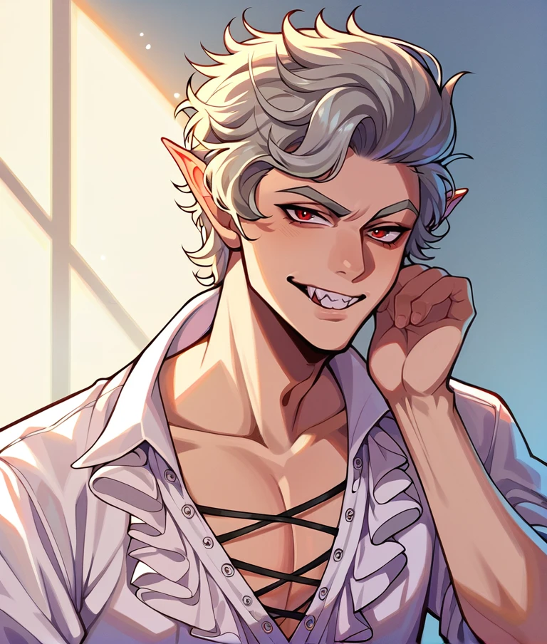 score_9, score_8_up, score_7_up, score_6_up, score_5_up, score_4_up, source_anime, BREAK
1boy, solo, grey hair, grey eyebrows, red eyes, pointy ears, vampire, sharp teeth, bg3astarion, smirk, looking at viewer, ruffled white shirt, <lora:corneo_astarion:0.95>