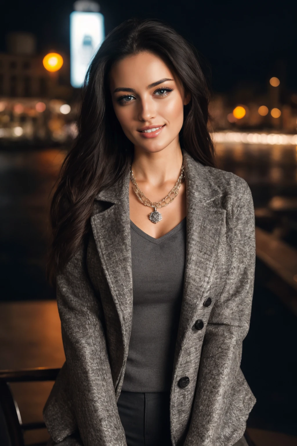 4k, 8k, ultra highres, raw photo in hdr, sharp focus, intricate texture, skin imperfections,detailed skin, realistic, detailed facial features, highly detailed face, posing,perfect lighting,long hair,black hair,(sitting),inside,window,night,city lights,city,chair,chic outfit,jacket,smile,simple necklace,close-up, <lora:Lona1:0.7> Lona1