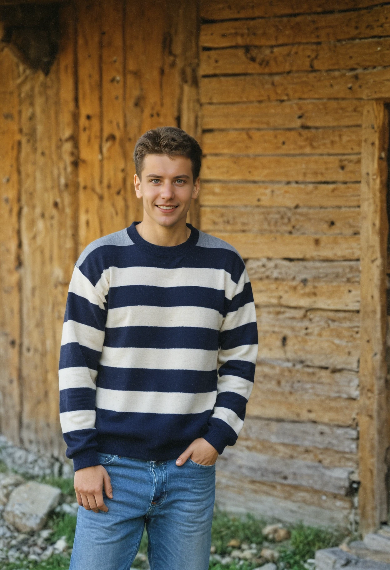 lukas <lora:lukas_y_xl-05:1> , smiling and wearing a navy and white striped sweater and jeans and casually standing next to rustic mountain cabin in the Bratislava mountains, golden hour, serene natural background, early morning light, relaxed confident pose