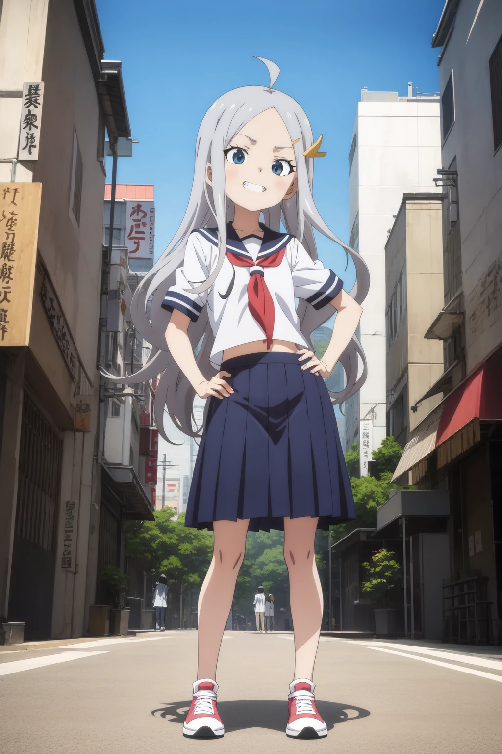 (absurdres, official art, illustration, anime:1.2),
1girl, grin, blue eyes, grey hair, hair ornament, long hair, hairclip, ahoge, forehead, flat chest
BREAK serafuku, uniform, blue skirt, red sneakers, hands on own hips
BREAK contrapposto, full body, wide shot, detailed background, tokyo, city, bustling street