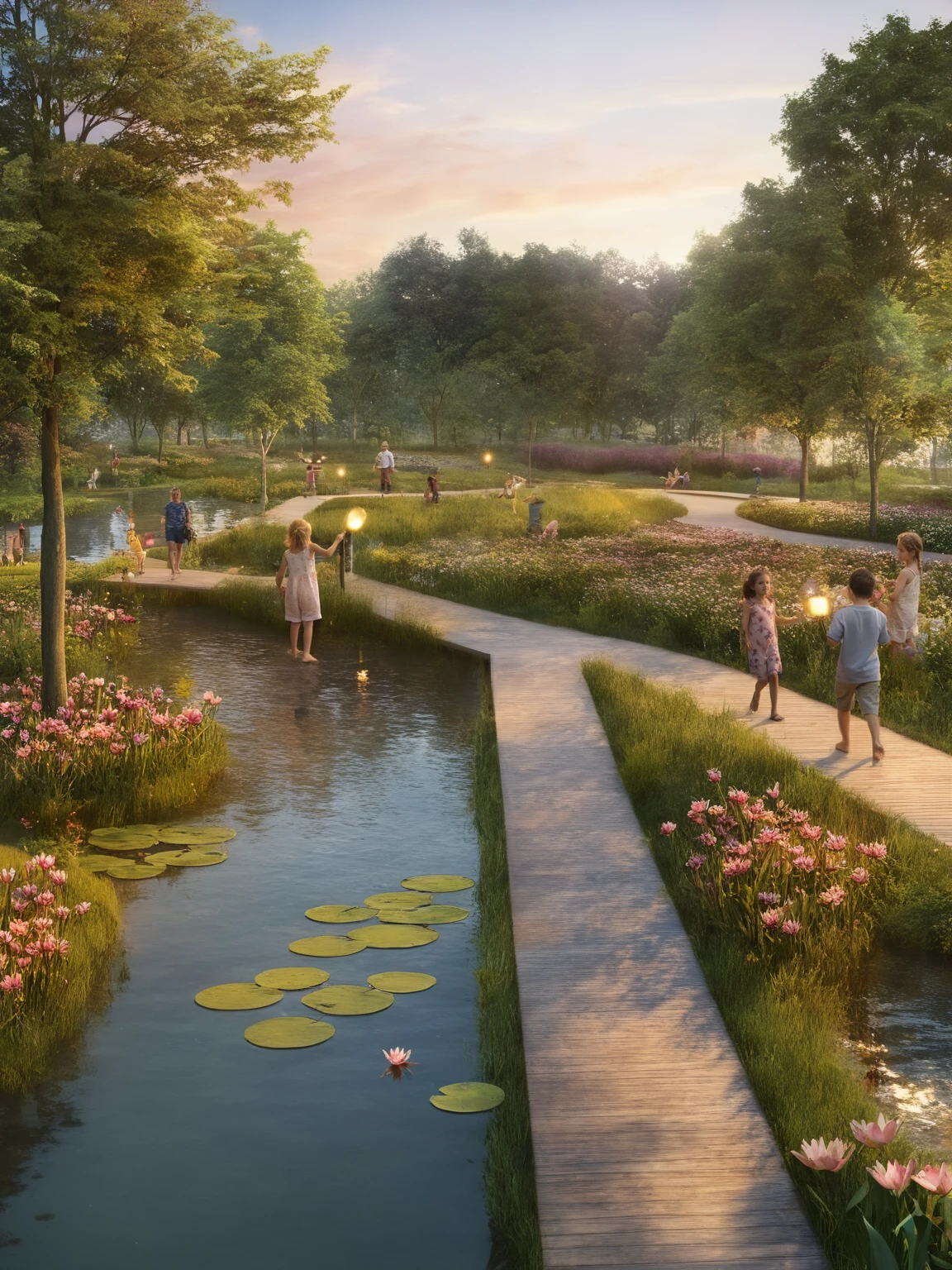 <lora:JJsLandscape_Render_XL:1>,  ((Landscape Render)), masterpiece, best quality, scenery, outdoors, tree,  sakura tree,real world location, grass, bush, walkway ,water, subject, high quality,  lamps , road, grass, ((golden hour)) sunset, sky,   water color, multiple girls, multiple boys, fense, water lily, fishs under water, flowers,fire flys,