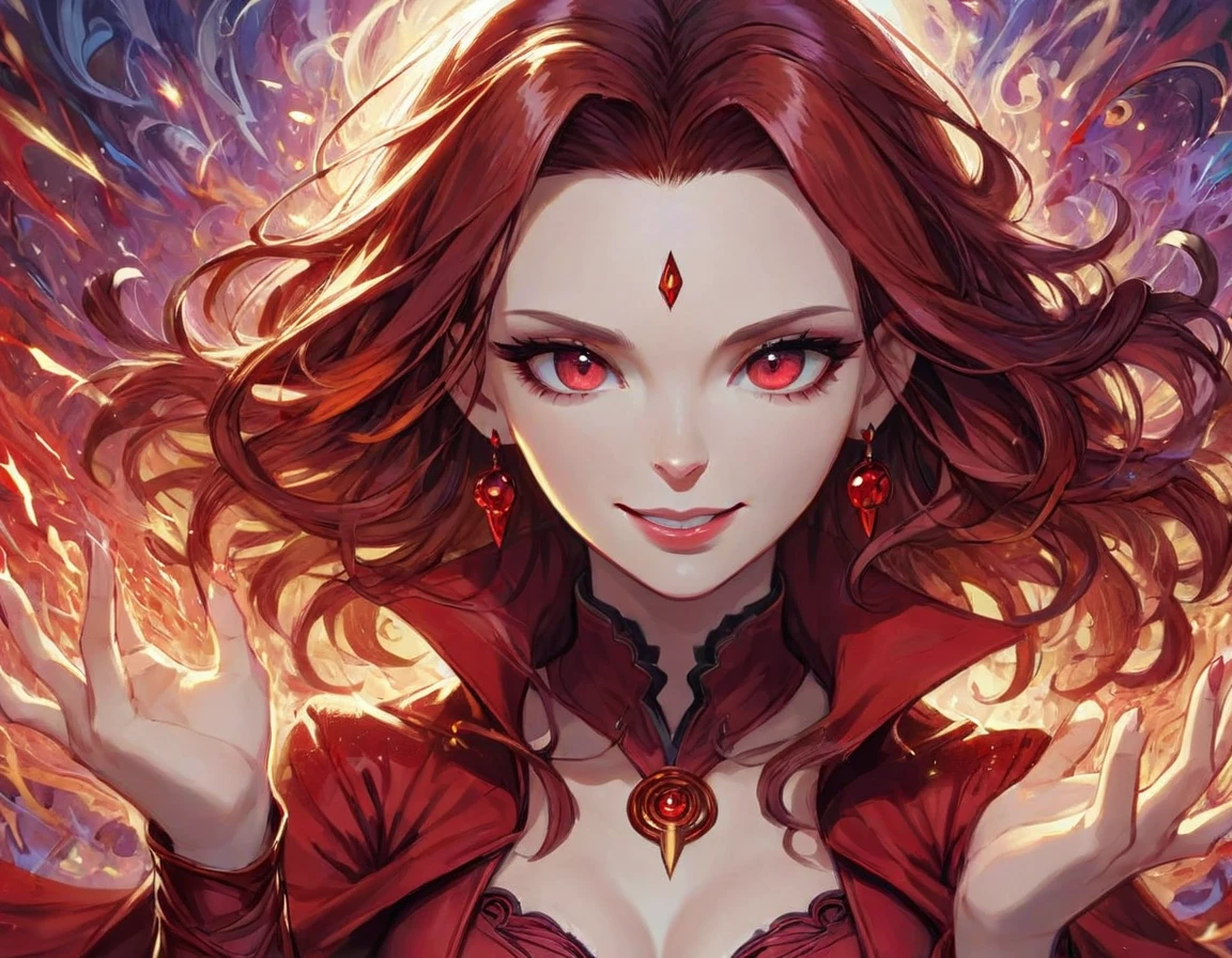 (((masterpiece))) , (((best quality))) , anime style, 2d, well-built charming 1girl, solo, lovely 1girl, ScarletWitch, Painting, Vulgar short (exquisite 1girl, solo:1.3) , she has a wicked smile, Playing, eyes of January Jones, nose of Jessica Paré, Kung fu pose, her hair is Chestnut, Crimson Earring, Happy, highly detailed, Vorticism Art, telephoto lens, triadic colors, sharp, trending on artstation, womanly, pixabay, intricate, key visual, reflective light, chaos magic, she has Shaved sides hair, key visual,