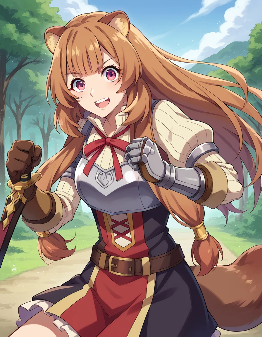 score_9, score_8_up, score_7_up, source_anime,
raphtalia, <lora:raphtalia-ponyxl-lora-nochekaiser:1>,
raphtalia, long hair, bangs, brown hair, animal ears, raccoon ears, raccoon tail, raccoon girl, pink eyes, smile,
long sleeves, sweater, ribbed sweater, puffy sleeves, breastplate, ribbon, red ribbon, gauntlets, glove, brown gloves, belt, skirt, armor,
outdoors, forest, nature, sword, weapon, holding weapon, fighting stance, shouting,
looking at viewer, cowboy shot, dutch angle, dynamic pose,
