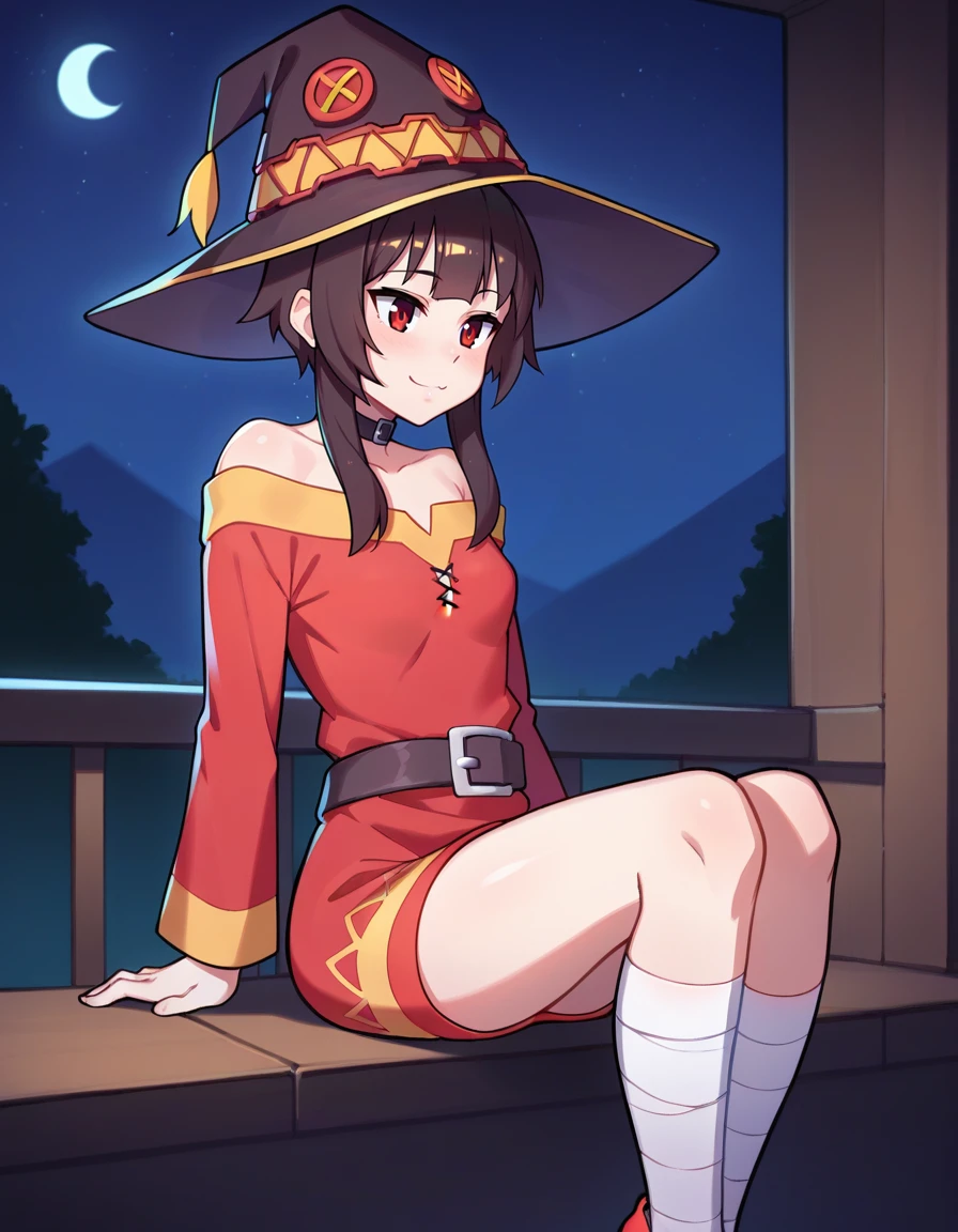 (sitting), small, (bow), (black hair), (short hair), (red eyes), stars in the eyes, hair ornament, (blush), bangs, (a _megumin_konosuba in[(evening dress):(((no socks))):0.4]: 1.2), (bare shoulder), collarbone, (white thighs: 1.2), ruffled sleeves, looking at the viewer,[(night: 1.2),peaceful,sky,((full moon)),stars,(in a courtyard),house,drop of water,pond, (near the pond),tree, flower request, wind: : 0.6], (light refraction lridescent), (floating pink petals: 1.2), (fairy butterfly), dreamer