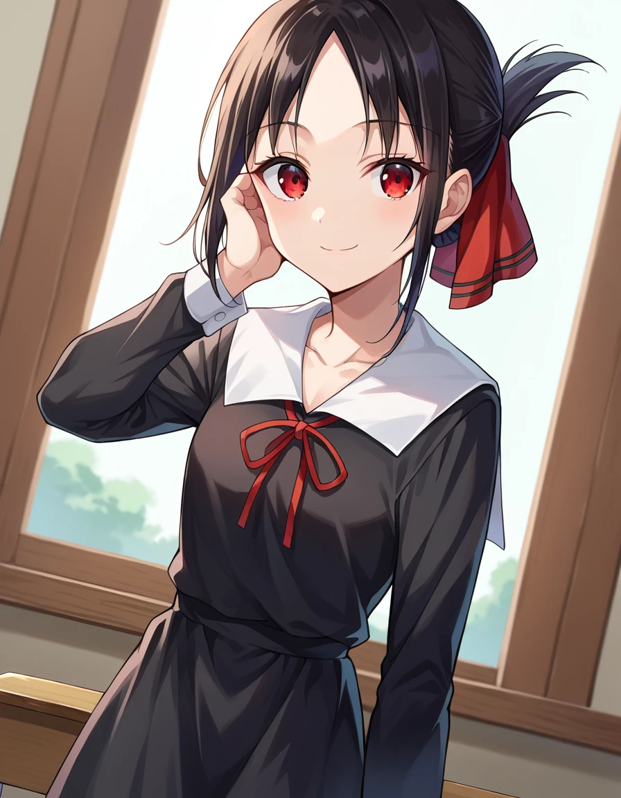 score_9, score_8_up, score_7_up, source_anime,
kaguyashinomiya, <lora:kaguya-shinomiya-ponyxl-lora-nochekaiser:1>,
kaguya shinomiya, short hair, bangs, black hair, red eyes, hair ribbon, sidelocks, folded ponytail, parted bangs, smile,
long sleeves, dress, ribbon, school uniform, collarbone, black dress, sailor collar, white sailor collar, red ribbon, neck ribbon, shuuchiin academy school uniform,
indoors, classroom,
looking at viewer, cowboy shot, dutch angle, hand on own cheek,