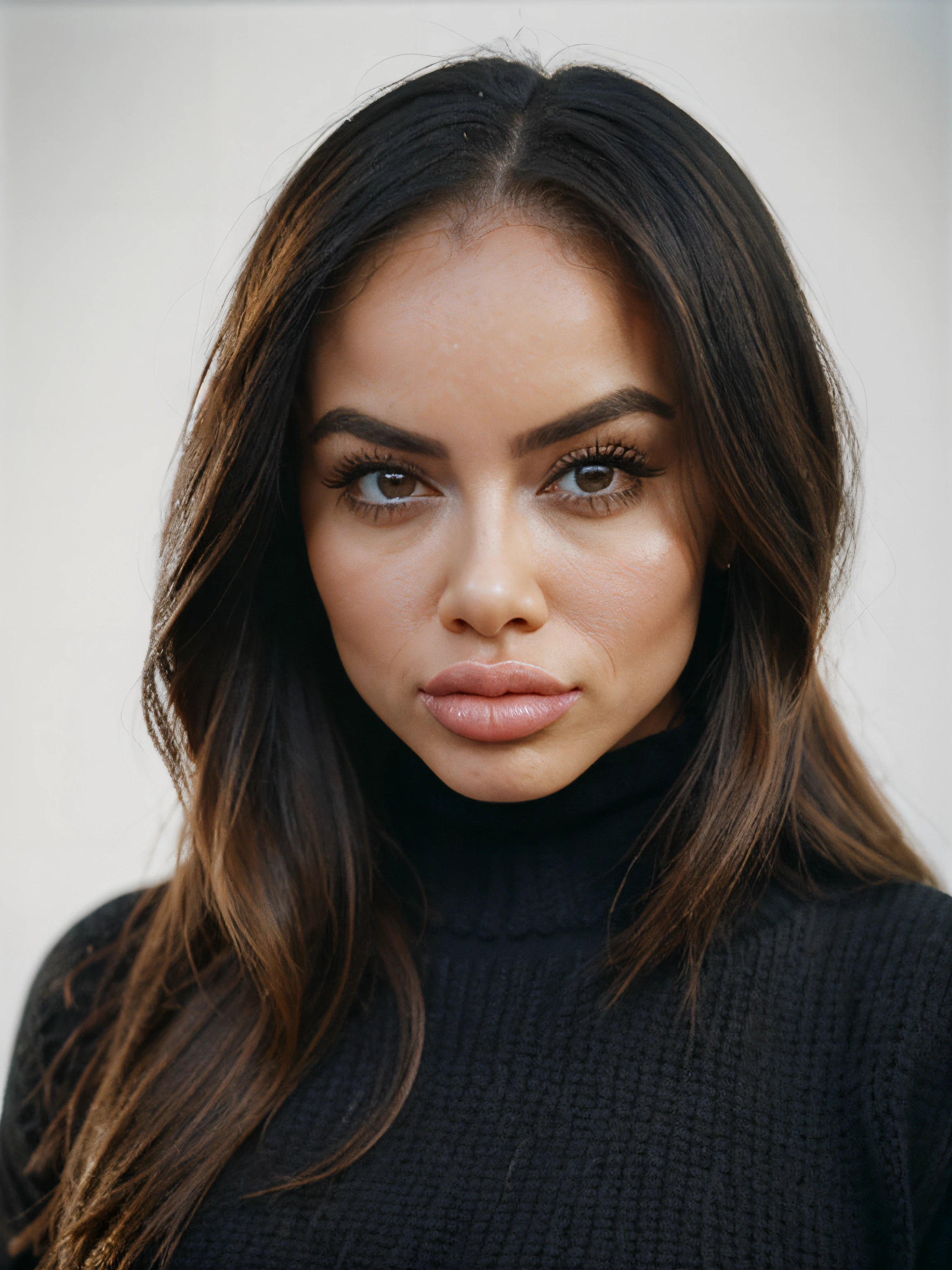 epic35mm, photo of beautiful (block_vicjune:0.99), a beautiful woman, perfect long hair, (closeup headshot), (wearing black knitted jumper:1.2), (simple background), 70mm, (analog, cinematic, film grain:1.3), ((detailed eyes)), (color picture:1.1), Fujifilm XT3, <lora:epiC35mm:1>