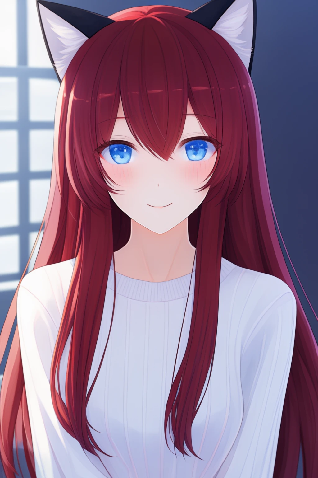 extremely aesthetic, best quality, newest, 1girl, solo, blush, light smile, blue eyes, cat ears, dark red hair, straight hair, long hair, white sweater,