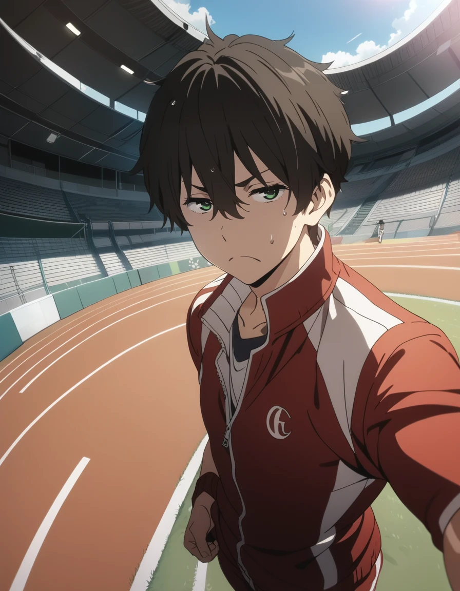 1boy,
<lora:orekihoutarouXL1:0.8>,orekihoutarou,
green eyes,black hair,brown hair,
frown,
track suit,
sweat,
sun,
sports ground,
fisheye lens,
masterpiece, best quality, ultra detailed, highres,4k,(ultra-detailed:1.4) (illustration:0.5), (ray tracing,:0.8),(anime colored:0.7),(ai-generated:0.5), (anime screencap:1.2),