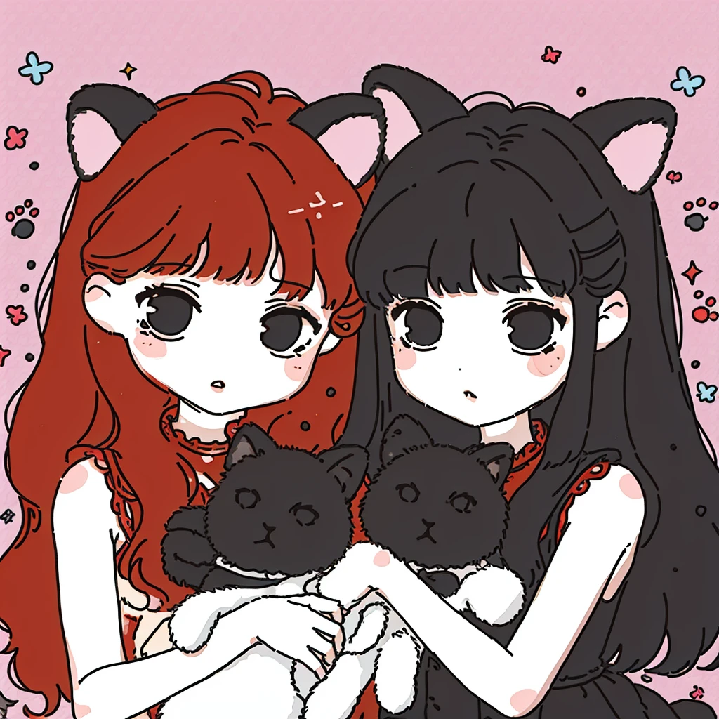 Red hair,cat ears,animal ears,black eyes,black flower dress,holding two white cats,<lora:jianbihua:0.9>,