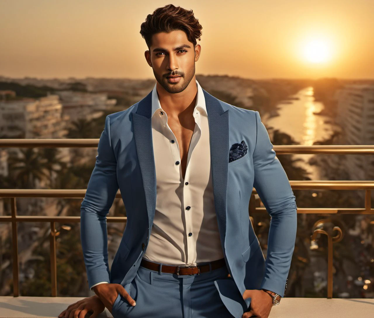 Nautical-themed (Photo:1.3) of (Ultrarealistic:1.3) <lora:Man_Men_FFashion:1> Varun Dhawan a man <lora:Bretfelean-Dylan-Jason_Varun-Dhawan:0.9> in a blue suit standing on a balcony, handsome man, attractive man, handsome male, sun behind him, inspired by Pablo Munoz Gomez, shot at golden hour, editorial photograph, midshot of a hunky, by Roman Bezpalkiv, by Artur Tarnowski, maxim sukharev, by Gabor Szikszai,Highly Detailed,(Mono Color:1.3) . Sea, ocean, ships, maritime, beach, marine life, highly detailed