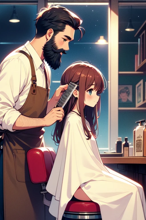 (((masterpiece))), (((best quality))), (((from side))), (((half body))), (((closeup))), ((retro barbershop)), ((two people)), ((a standing man with a beard in apron holds a mini comb to combing)), ((a girl in white cloth sits on swivel stool)), window, mirror, portrait poster, faded red brick wall, auburn hair, longhair, shy, blush, smile, big tits, petite figure, ((night)), (((twilight))),<lora:girllikeretrobarbershop:0.9>