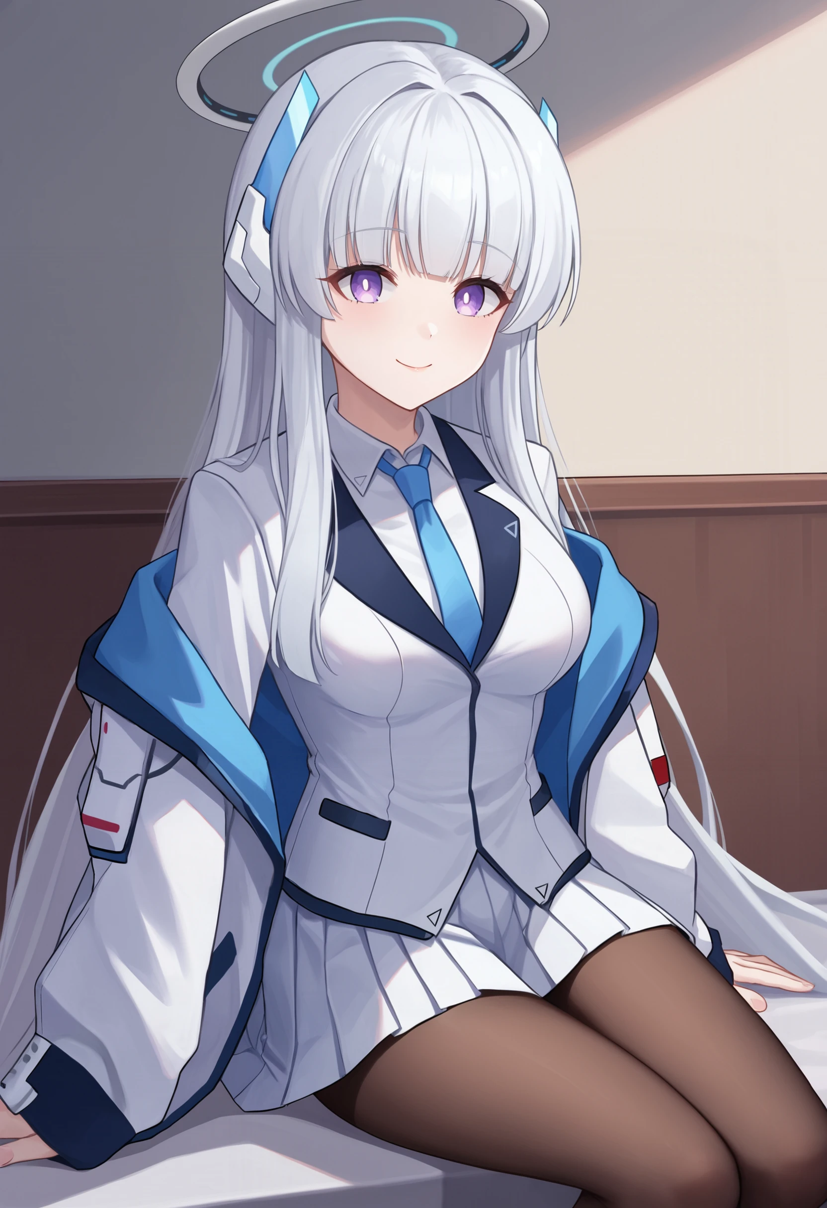 zPDXL, source_anime, BREAK
ushio noa, white hair, long hair, medium breasts, halo, headphones, pantyhose,
school uniform, open jacket,
light smile, closed mouth,
sitting,
indoors, <lora:noa2-ponyxl-kohya-000008:0.8>