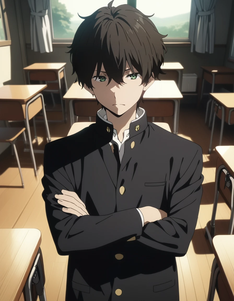 1boy,
<lora:orekihoutarouXL1:0.8>,orekihoutarou,
green eyes,black hair,brown hair,
expressionless,
gakuran,
crossed_arms,
classroom,
cowboy shot,
masterpiece, best quality, ultra detailed, highres,4k,(ultra-detailed:1.4) (illustration:0.5), (ray tracing,:0.8),(anime colored:0.7),(ai-generated:0.5), (anime screencap:1.2),