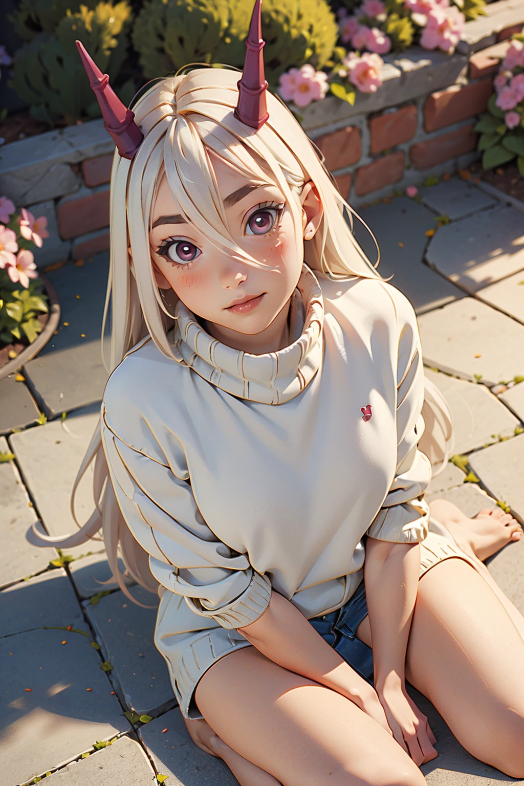 (masterpiece, best quality:1.2), highres, best illustration, 8k wallpaper, (Traditional Media), (2d:1.2), wide shot, (dynamic angle:1.1), outline, ((thick lineart)), cover, stylish, official art, (details:1.2), (fantasy), garden, (bloom:1.1), glow:0.2, shadow, nature, cherry blossoms, particles, (depth of field), sharp focus, (volumetric lighting), (bokeh:0.6), film grain:0.4, day, (soft lighting:1.1), full lips, (from above) (white background) masterpiece, barefoot, aroused, blush, seductive, provocative, approaching, hands and knees on floor, cheeky, rrrun, long hair, white hair, hair between eyes, red eyes, black sclera, 2horns, red horns, sweater, white sweater, turtleneck sweater, looking at viewer, <lora:Himesama_Goumon_Rurun_00_01:1>
