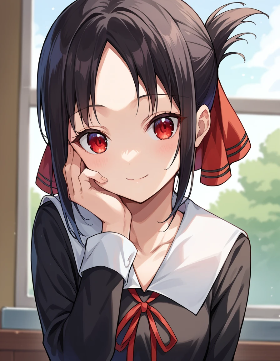 score_9, score_8_up, score_7_up, source_anime,
kaguyashinomiya, <lora:kaguya-shinomiya-ponyxl-lora-nochekaiser:1>,
kaguya shinomiya, short hair, bangs, black hair, red eyes, hair ribbon, sidelocks, folded ponytail, parted bangs, smile,
long sleeves, dress, ribbon, school uniform, collarbone, black dress, sailor collar, white sailor collar, red ribbon, neck ribbon, shuuchiin academy school uniform,
indoors, classroom,
looking at viewer, cowboy shot, dutch angle, hand on own cheek,