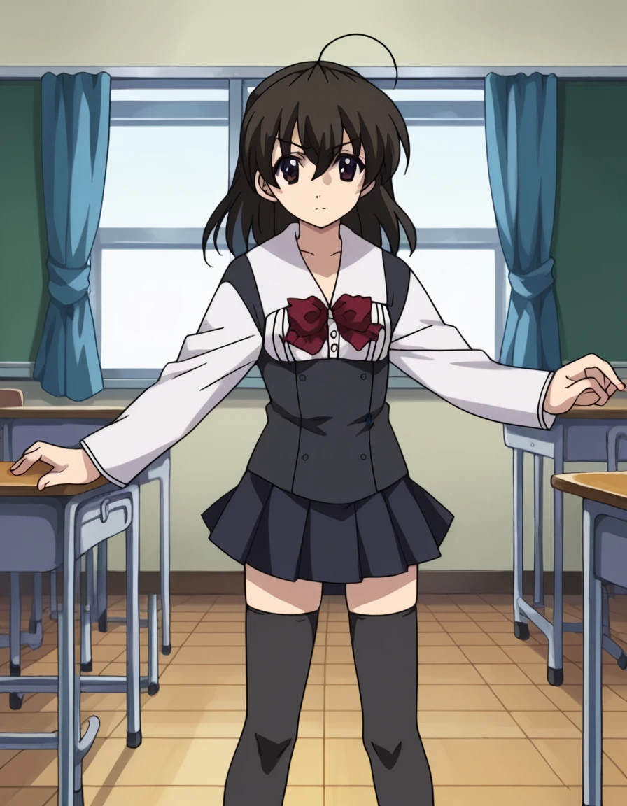 score_9, score_8_up, score_7_up, source_anime,
sekaisaionji, <lora:sekai-saionji-ponyxl-lora-nochekaiser:1>,
sekai saionji, black hair, brown eyes, ahoge,
skirt, thighhighs, school uniform, shoes, black thighhighs, zettai ryouiki,
indoors, classroom,
looking at viewer, cowboy shot, dynamic pose,
