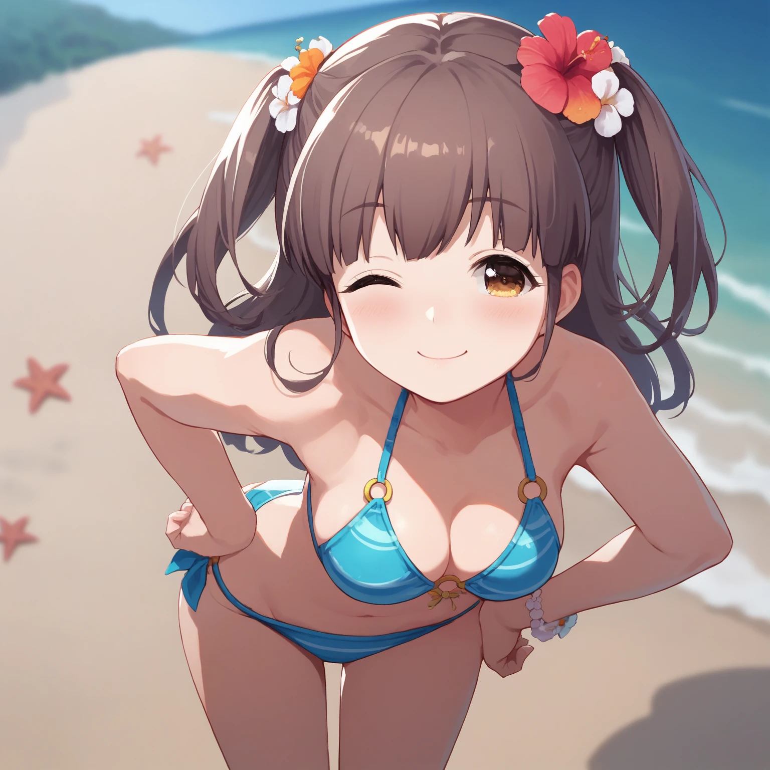 [score_9, score_8_up, score_7_up], source_anime, 1girl, solo, suzumura yu, hair flower, bikini, [leaning forward], hands on hip, looking at viewer, smile, blush, one eye closed, wink, beach, <lora:Smooth2_Pony:1.0> <lora:yu_pony:0.72>