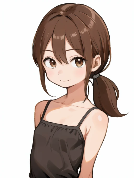 (masterpiece, high quality:1.4), <lora:GoodHands-beta2:1>,BREAK,
1girl, teen, solo, (medium hair:1.2), (low ponytail:1.25), brown hair, hair between eyes, narrow waist, brown eyes, flat chest, <lora:low_ponytail-1.0:1>,
BREAK,
black camisole, sleeveless,
upper body,
light smile, looking at viewer,
BREAK,
white simple background,