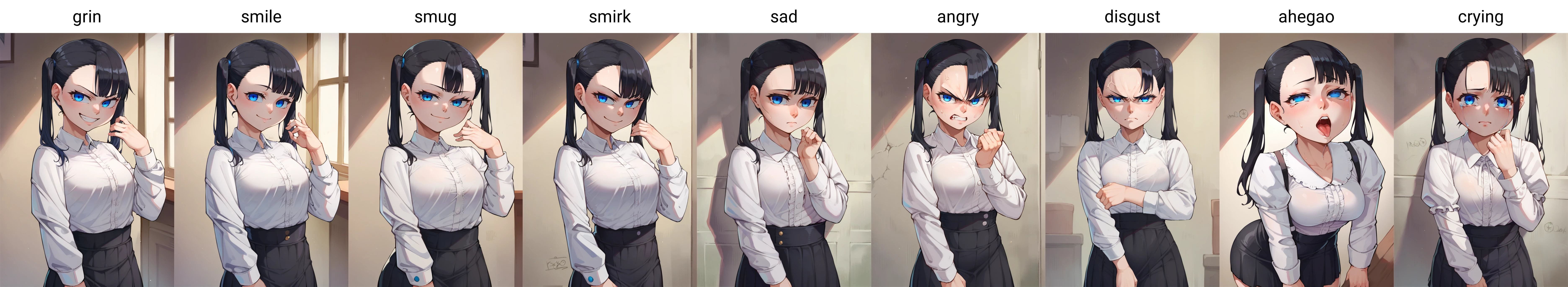 score_9, score_8_up, score_7_up, source_anime, 1girl,blue eyes,twintails, black hair, white blouse,  black skirt, grin,looking at viewer, from front, <lora:Ourobot-Style-PonyXL-v2:1>