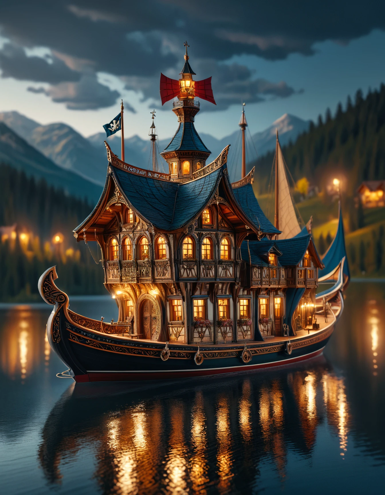 award winning photo of a fancy boat on a magical lake, zavy-lndskncht, masterpiece, award-winning, professional, highly detailed, atmospheric lighting, low key lighting, 100mm f/2.8 macro lens, fabric