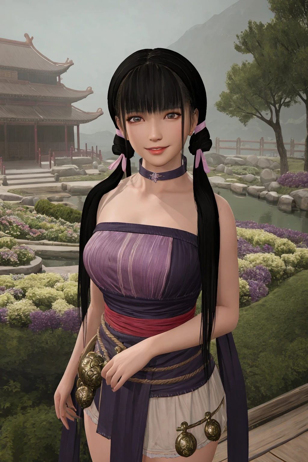 best quality, masterpiece, highres, detailed face, detailed eyes,
ultra details, (cowboy shot:1.2), facing viewer, outdoors, chinese architecture, garden,
1girl, suqingli, solo, black hair, long hair, low twintails, parted lips, smile,
strapless dress, fine drawn hands, collarbone, lace choker,
<lora:suqingli v5:0.6>
