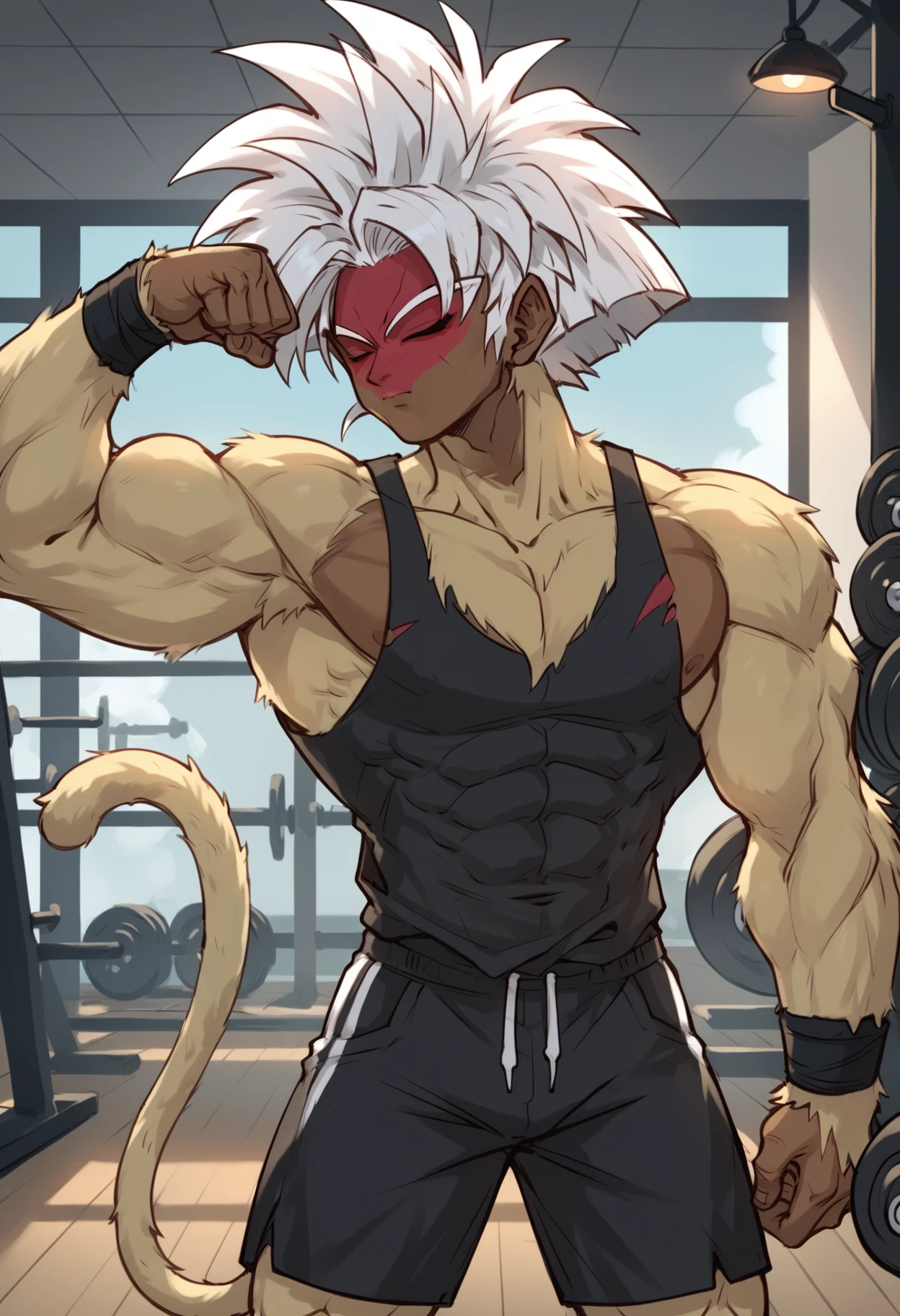 (score_9, score_8_up), score_7_up, score_6_up, score_5_up, score_4_up, Sento Saiyan, body fur, blonde fur, dark skin, dark-skinned, white hair, closed eyes, blonde monkey tail, red facepaint, 1boy, short hair, white hair, black tank top, black shorts, indoors, gym, at gym, flexing, kissing muscles, kissing arm, solo, <lora:Smooth Anime Style LoRA XL:0.7> <lora:Sento_Saiyans_XL:0.9>