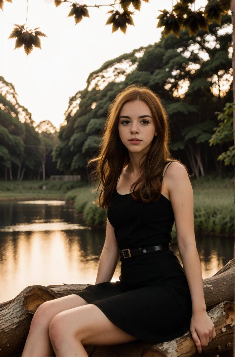 tv_Siobhan_MXAI, , calm expression, wearing a colorful sundress, sitting on a log at a misty forest pond, golden hour, shot from the side,, (((epic-Ultra-HD-details, epic-Ultra-HD-highlights, upscaled-resolution, optimal)))