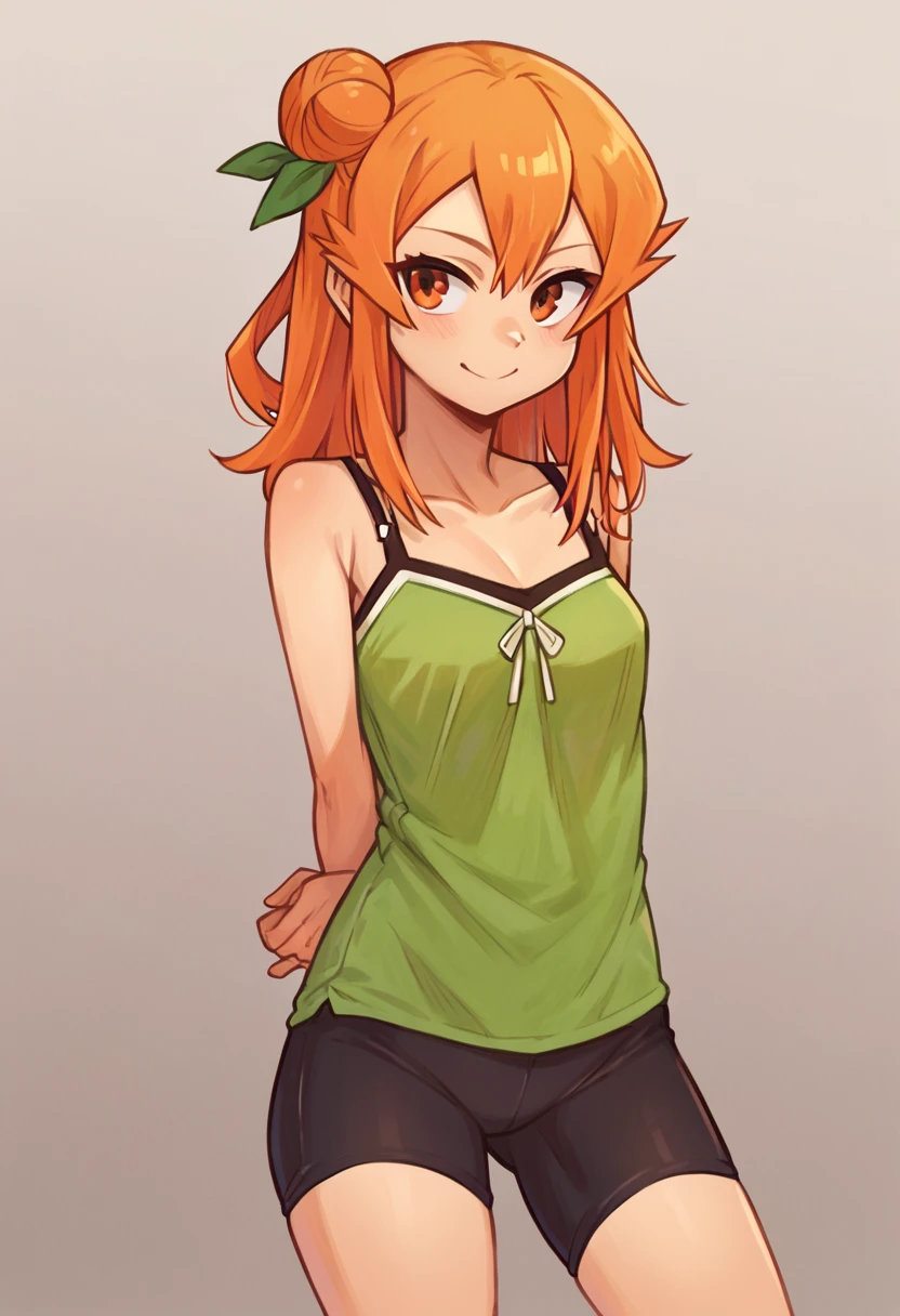 score_9, score_8_up, score_7_up, score_6_up, mikancasual, orange_hair, orange_eyes, hair_bun, single_side_bun, camisole, green_camisole, bike_shorts, light_smile, arms_behind_back, <lora:hinatsuki-mikan_v1:1>