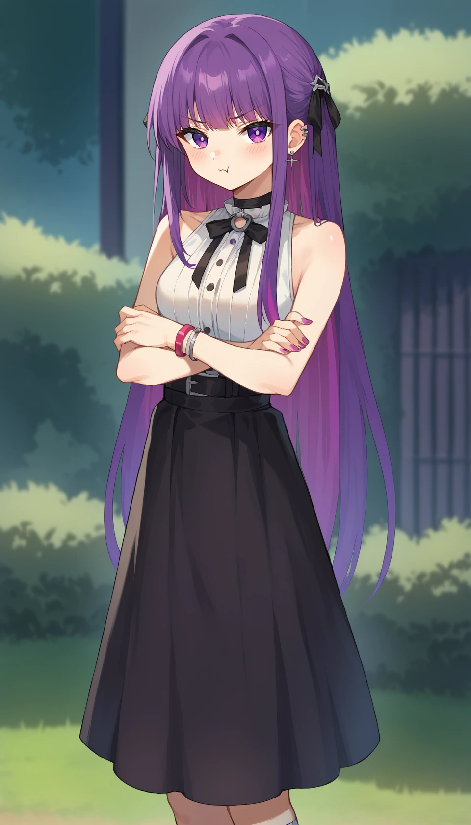 <lora:jirai_kei_style_pony:1> score_9, score_8_up, score_7_up, score_6_up, score_5_up, score_4_up, source anime,
jirai kei, 1girl, piercing, socks, solo, ear piercing, blush, bangs, skirt, long hair, hair ribbon, ribbon, bow, black skirt, jewelry, looking at viewer, black ribbon, choker, bracelet, thighs, nail polish, multicolored hair, bare shoulders, earrings, black bow,
nurefpnxl, fern \(sousou no frieren\), :t, crossed arms, long hair, pout, solo, purple hair, purple eyes, looking at viewer, eyebrows visible through hair, bangs, closed mouth, upper body, outdoors
<lora:sousou_no_frieren_fern_pony:0.6>