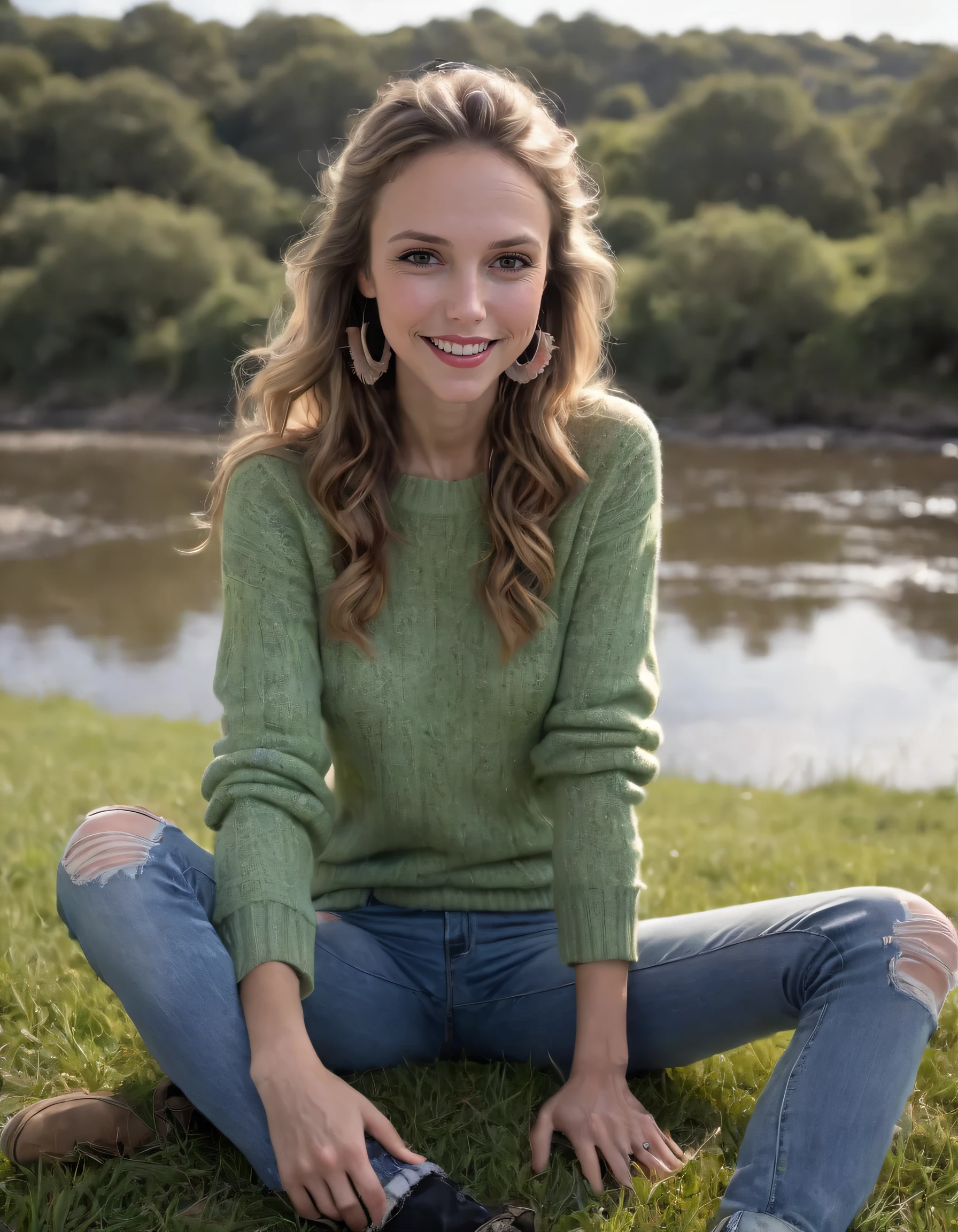 ((Wearing a sweater)) and ((very distressed jeans)), ((Professional Photo Shoot)), ((in the country next to a river)), ((Sitting on the grass with legs crossed)), smiling, model shoot style, extremely intricate, High Detail, Sharp focus, dramatic, soft cinematic light, (looking at viewer), (Real Eyes), (Detailed Eye Corneas) (detailed pupils), smiling, 24mm, photo lab, elegant, insane details, hyperdetailed, low contrast, epiCRealism, (((SFW))). Amid the beautiful countryside beside a tranquil river, Roxy Cook sat gracefully, her crossed legs resting on lush green grass, as she participated in an elaborate professional photo shoot; dressed in a sweater with very distressed jeans that accentuated her style, while radiating joy and confidence. She was captured by a talented photographer, using a 24mm lens to capture every intricate detail of Roxy's elegant appearanceâfrom her smiling face, real eyes, detailed eye corneas, and detailed pupils to the subtle low contrast of her stylish ensembleâin epicRealism, emulating an exclusive and sophisticated feel. The sharp focus on her stunning face, along with the dramatic soft cinematic light, allowed for the insanely detailed image to truly capture Roxy's essence in a high detail, hyperdetailed photo lab setting, highlighting her graceful mannerisms and unique personality while looking directly at the viewer, proving that this scene was nothing short of exceptional. <lora:ywzupq18e059a1d8bh33a:1>