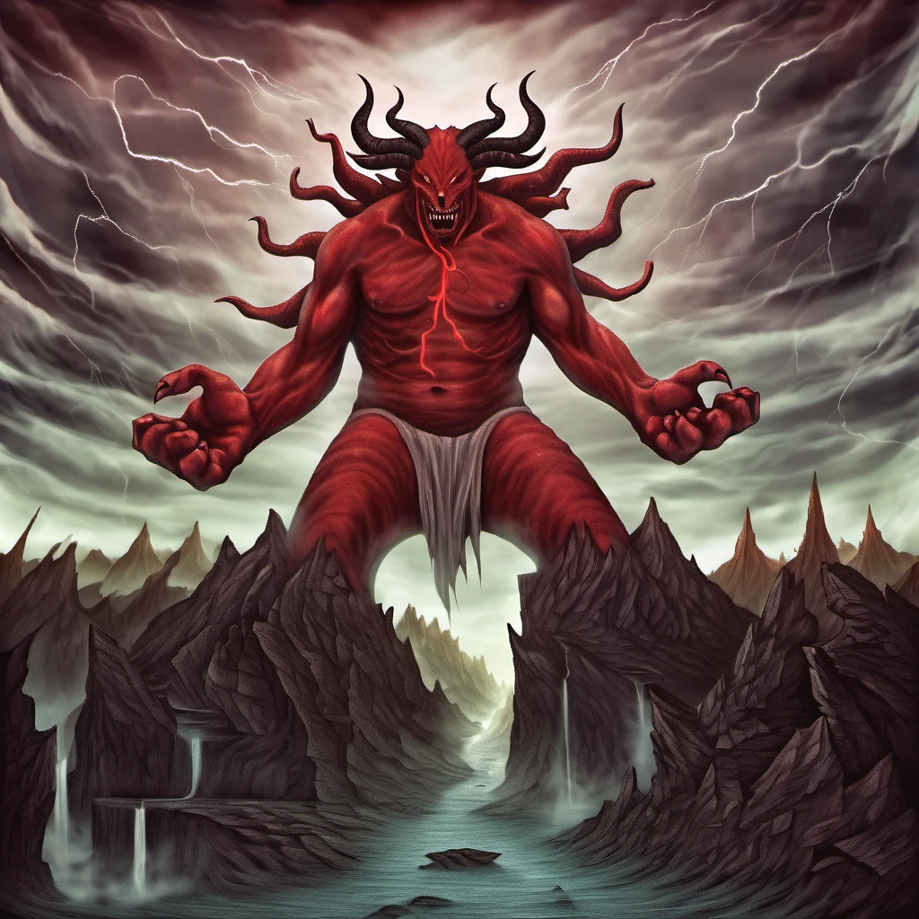 A haunting illustration of a monstrous blood red Satan figure, towering over the earth. The creature has horns, a menacing face, and a sinister smile. It is surrounded by a dark and stormy sky, with lightning flashing and dark clouds looming. The earth below is desolate, with only a few twisted trees and a dark, murky river. The atmosphere is of terror and despair, with a sense of impending doom., illustration, (vibrant colors)



