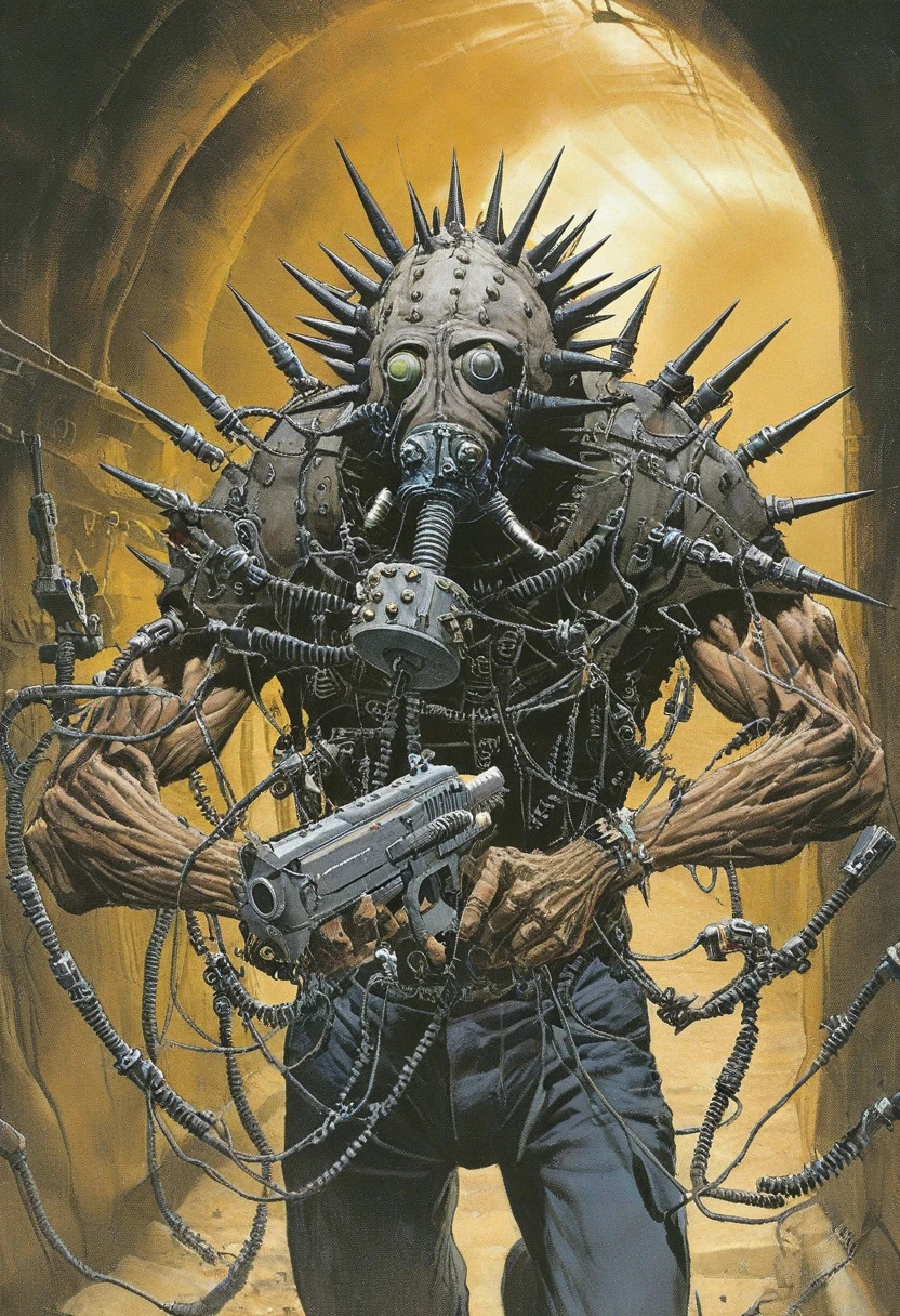 phyrexian, a biomechanical humanoid monster,spikes,mask,shield,gun turrets,huge,in tunnel, <lora:PhyrexianStyleXL:0.6>,gas mask,cables,arm cannon
