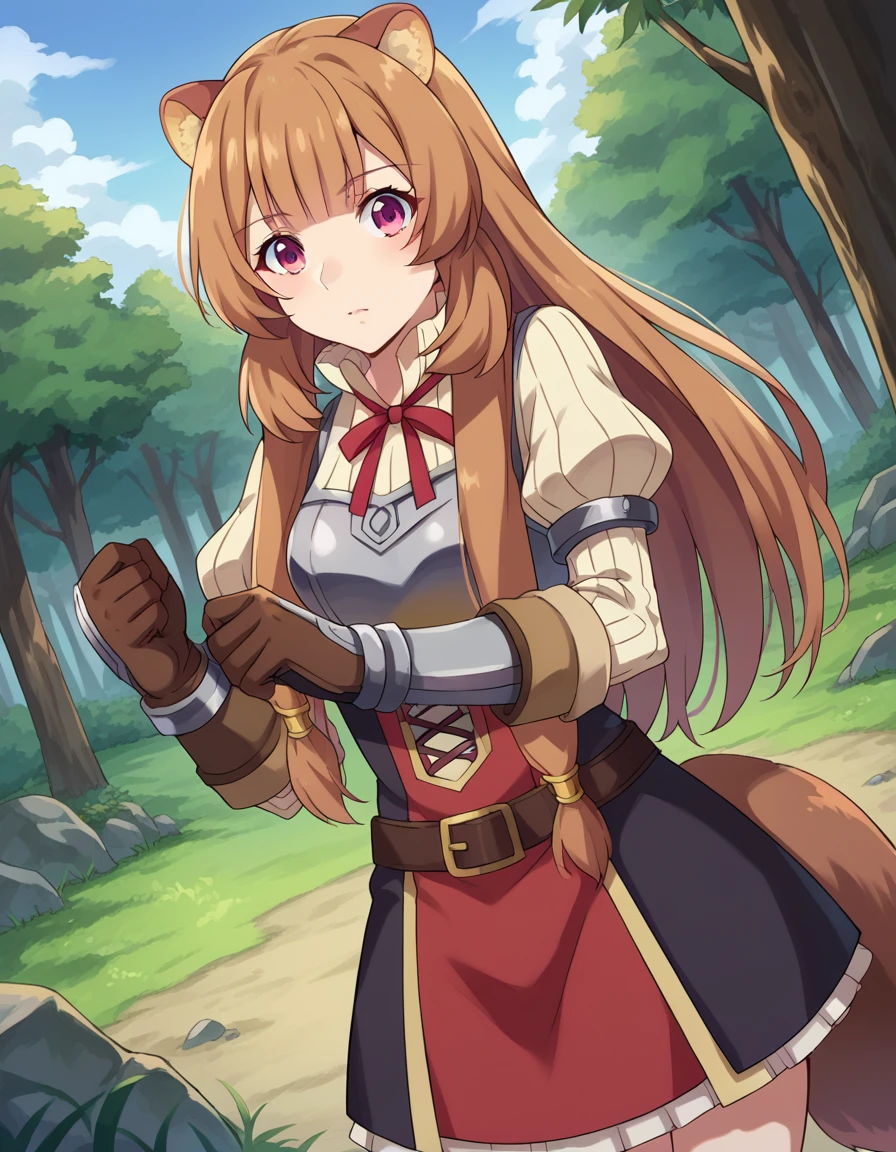 score_9, score_8_up, score_7_up, source_anime,
raphtalia, <lora:raphtalia-ponyxl-lora-nochekaiser:1>,
raphtalia, long hair, bangs, brown hair, animal ears, raccoon ears, raccoon tail, raccoon girl, pink eyes,
long sleeves, sweater, ribbed sweater, puffy sleeves, breastplate, ribbon, red ribbon, gauntlets, glove, brown gloves, belt, skirt, armor,
outdoors, forest, nature,
looking at viewer, cowboy shot, dutch angle, dynamic pose,