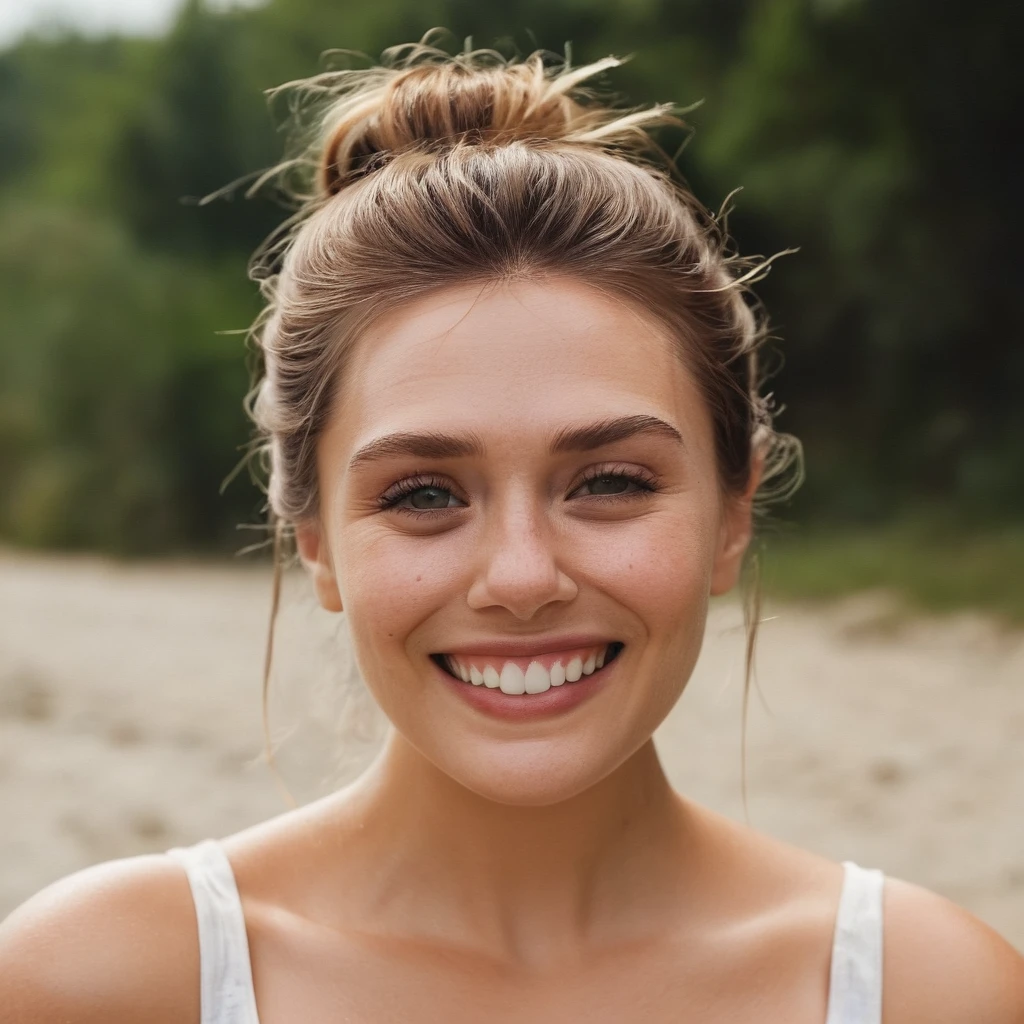 Skin texture, no makeup, Super high res closeup portrait photo of a stunning woman outdoors with her hair in one messy bun,summer vibes,f /2.8, Canon, 85mm,cinematic, high quality,looking at the viewer, <lora:eliolsen_v4_xl_4_standard_wo_cap_merger_31_45_86_03_03_04:1>, smiling