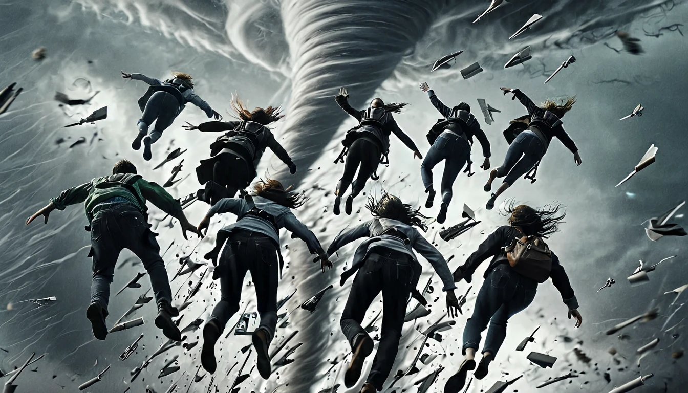 -NadoRay, cinematic, key art, group of Drever flying high in a tornado