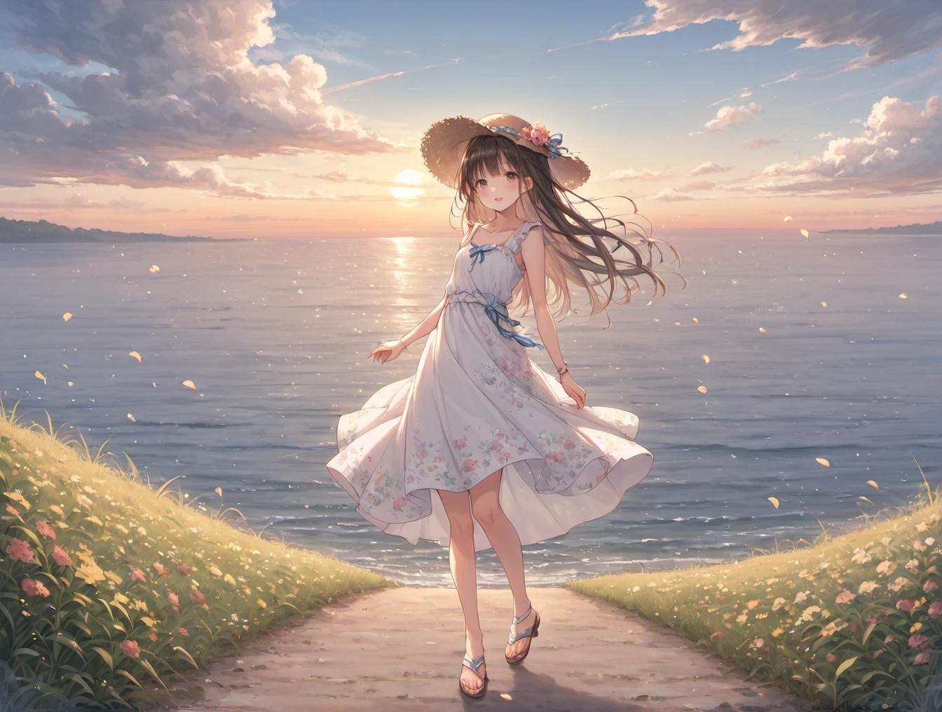 score_9, score_8_up, score_7_up,source_anime,BREAK 1girl, outdoors, sky, cloud, dress, grass, standing,in high ground, blond hair, Floral maxi dress, straw hat, sandals, long hair, wind, sunset, sun, cloudy sky, (blue sky:1.2), day, petals, vanishing point, flower, detailed background,The ocean in the distance, road,Horizon,looking at viewer,