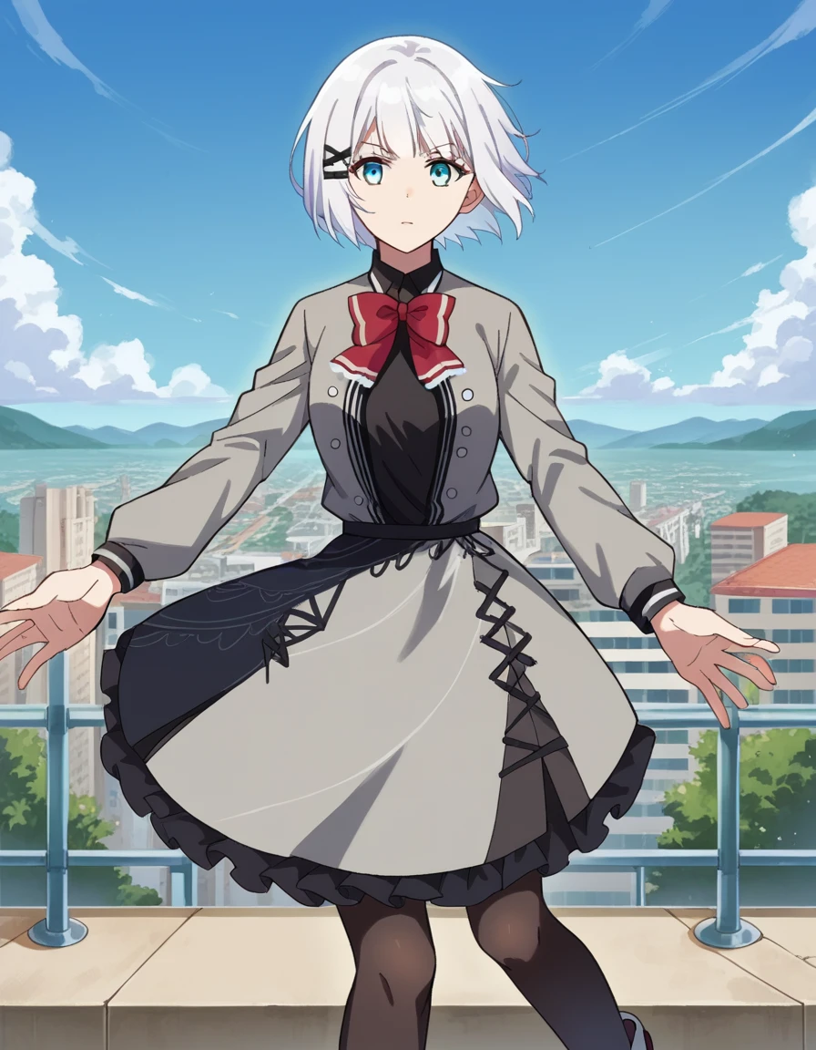 score_9, score_8_up, score_7_up, source_anime,
siesta, <lora:siesta-ponyxl-lora-nochekaiser:1>,
siesta, short hair, bangs, blue eyes, hair ornament, white hair, hairclip,
dress, bow, bowtie, red bow, red bowtie, shirt, long sleeves, jacket, pantyhose, frills, shoes, grey jacket, open clothes, black shirt,
outdoors, cityscape,
looking at viewer, cowboy shot, dynamic pose,