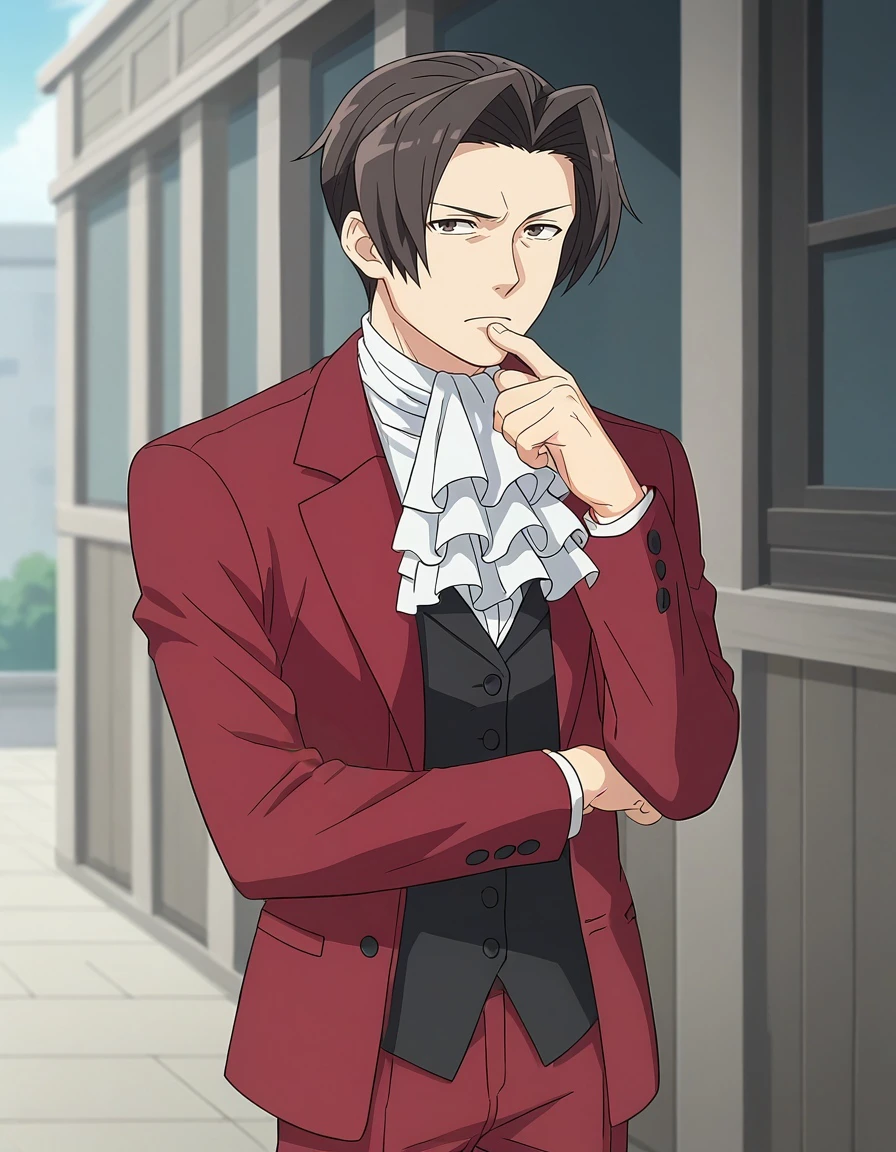 sscore_9, score_8_up, score_7_up, source_anime, miles edgeworth, 1boy, solo, male focus, cowboy shot, hand on own chin, raised eyebrow, looking up, red jacket, red pants, white shirt, white ascot, open jacket, black vest, hand up, muscular male, crossed arms, outdoors, anime screencap, <lora:miles_edgeworth_pony:1>