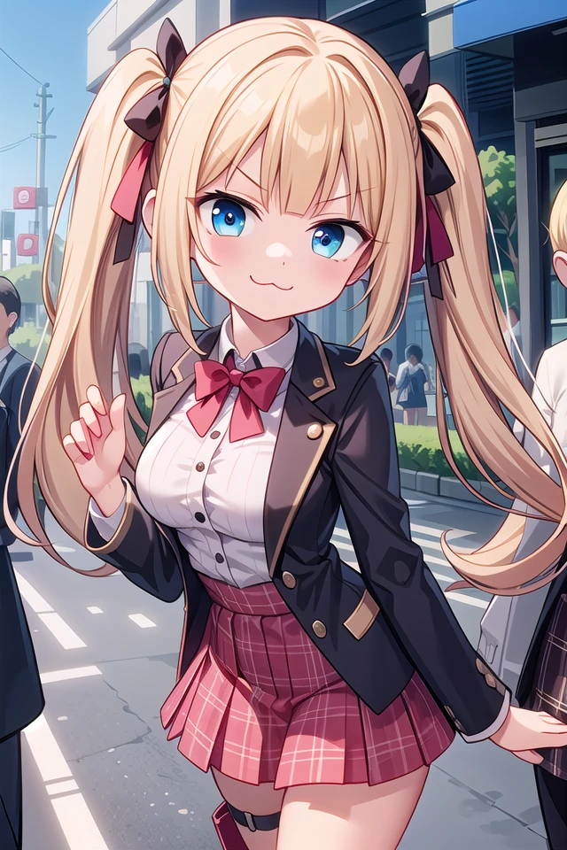 insanely detailed, absurdres, ultra-highres, ultra-detailed, best quality,
1girl, solo, nice hands, perfect hands,
BREAK
lanky,gothic dress,nylon clothes,denim dress,saddle jacket,red tartan-check pleated skirt
BREAK
(smirking, evil smile:1.2), closed mouth, (:3:1.3), v-shaped eyebrows, standing
BREAK
slender, kawaii, perfect symmetrical face, ultra cute girl, ultra cute face, ultra detailed eyes, ultra detailed hair, ultra cute, ultra beautiful,
BREAK
in harajuku, shibuya, tokyo, street, crowd, cityscape,
BREAK
medium large breasts,
blonde hair, blue eyes, twintails